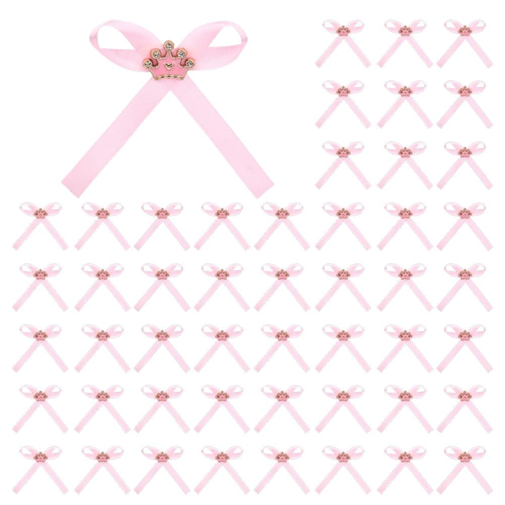 PH PandaHall 50pcs Bows Ribbons for Party Favors, Pink Bows with Pink Crown Ribbon Bow Party Favor Ribbon Set for Wedding Baptism Birthday Church Gift Wrapping Decorations