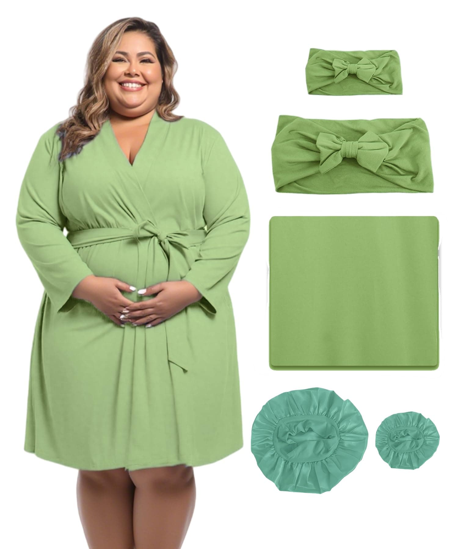 SUFEINI Plus Size Maternity Robe and Matching Baby Swaddle Blanket Set, Mommy Robe with Receiving Blanket Girls Boys Sleepwear (US, Alpha, XX-Large, Plus, Regular, PZA31 Light green)