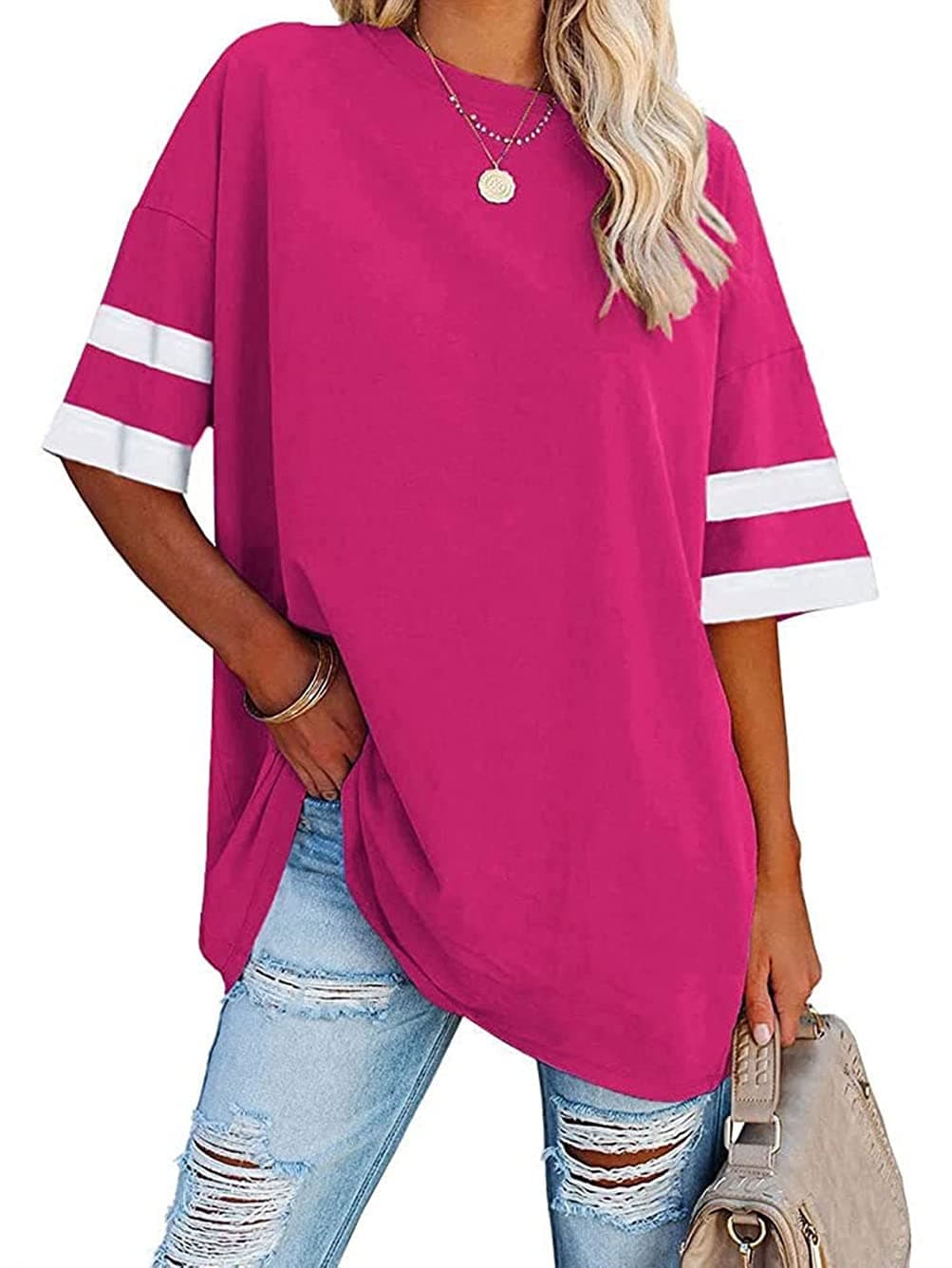 Voopptaw Women's Summer Autumn Half Sleeve T Shirt Casual Round Neck Striped Baseball Tshirts Hot Pink S