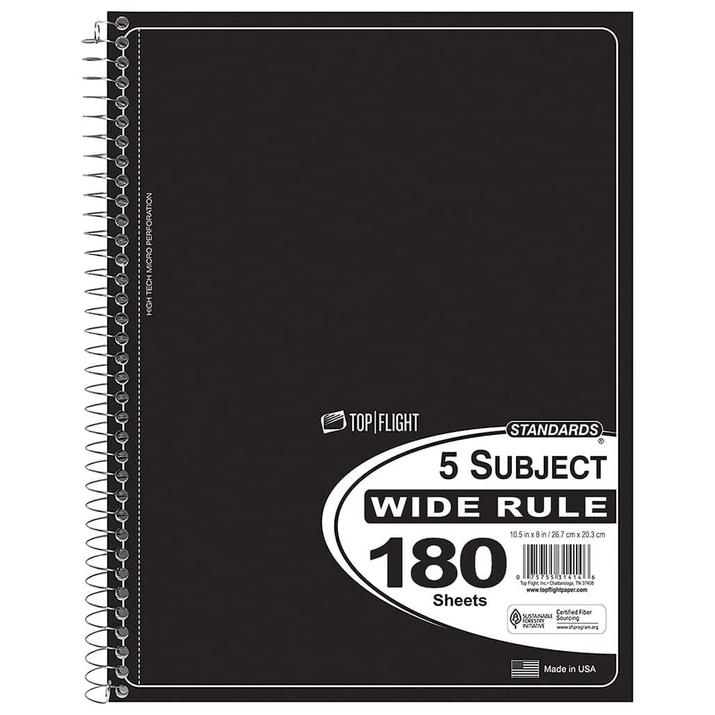 Top Flight Standards 5-Subject Wirebound Notebook, 180 Sheets, 3-Hole Punched, Wide Rule, 10.5 x 8 Inches, 1 Notebook, Color May Vary (31414)