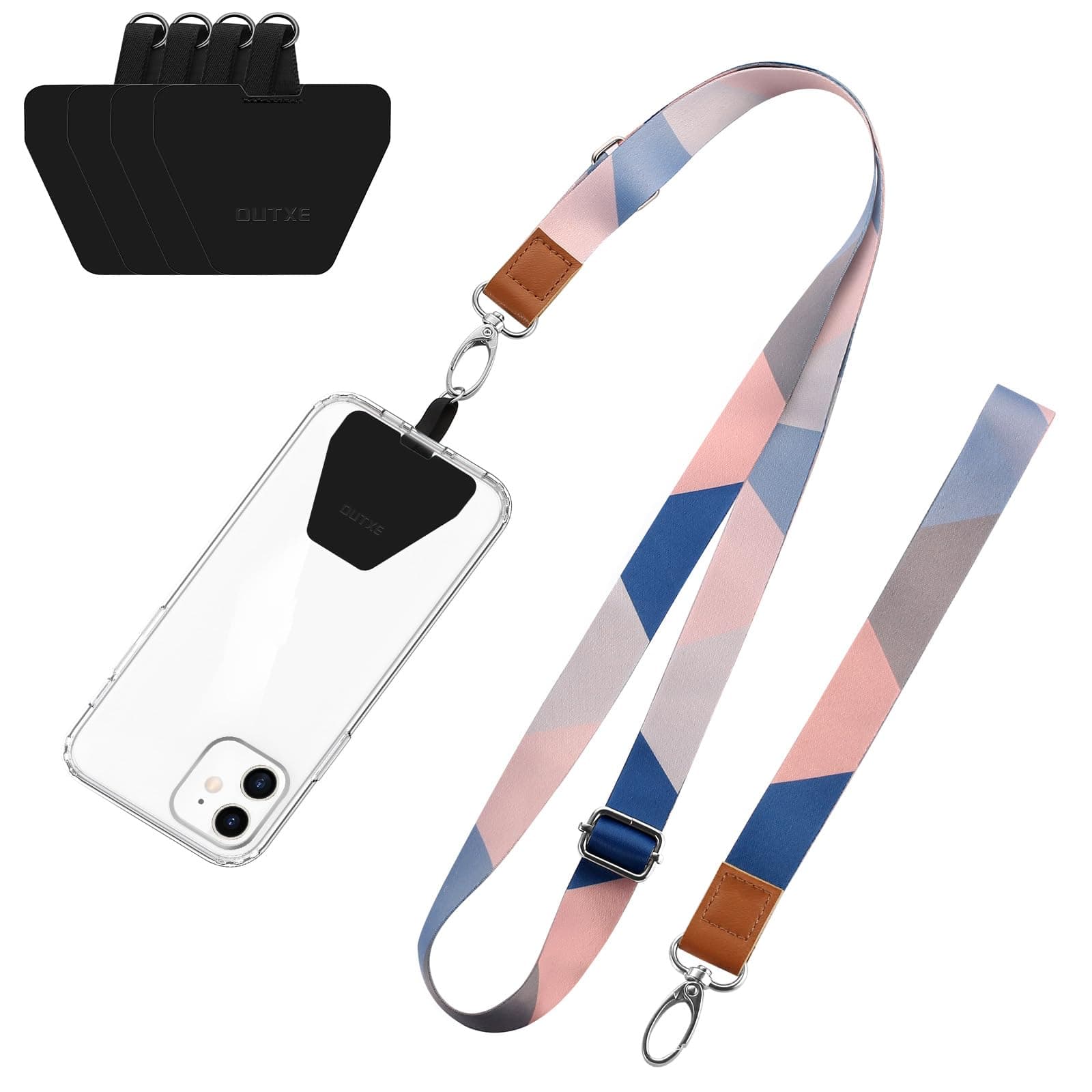 OUTXE Phone Lanyard - 4× Pads, 1× Adjustable Neck Strap, 1× Wrist Strap, Nylon Phone Lanyard Compatible with All Smartphone