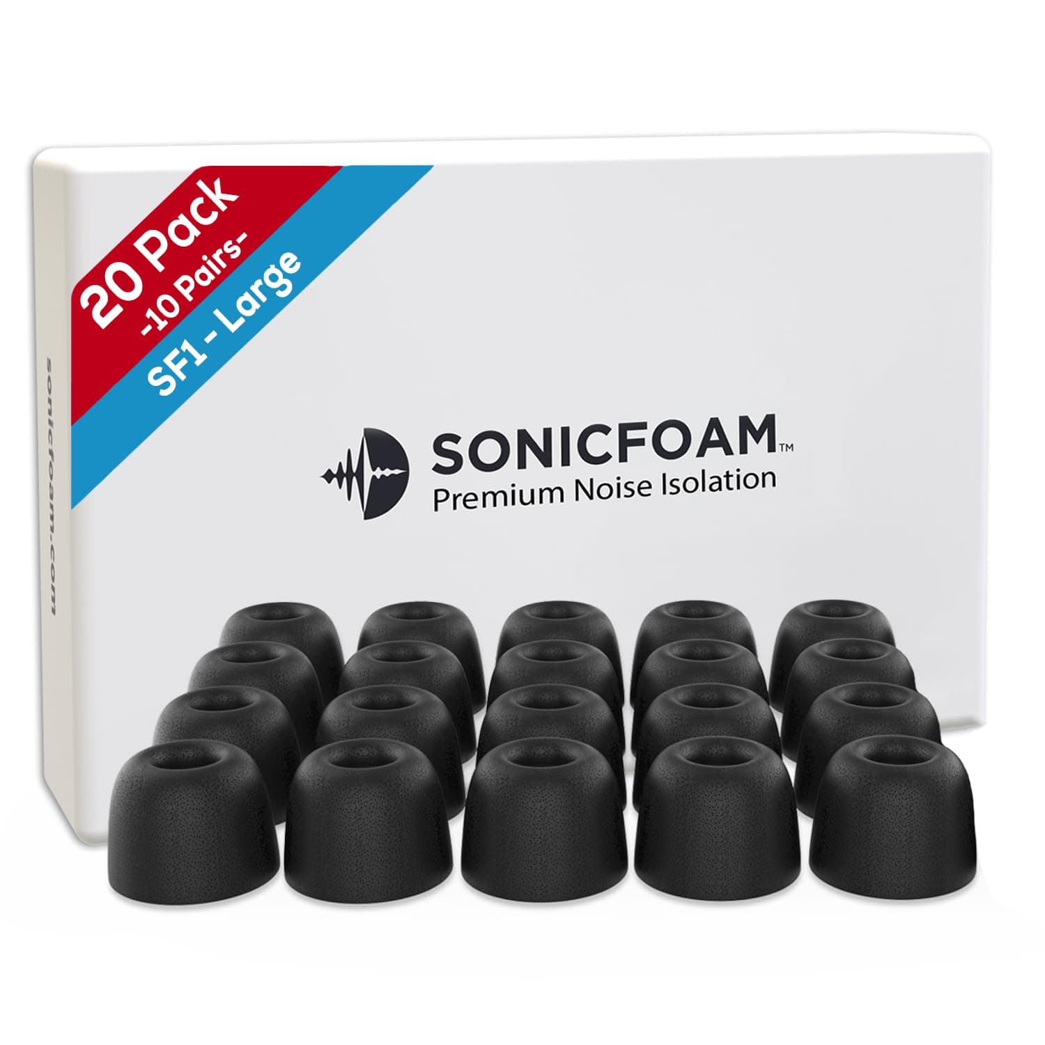 SONICFOAM Memory-Schaum-Ohrhörer-Aufsätze - Prämie Geräuschisolierung, Ersatz-Ohrhöreraufsätze aus Schaumstoff, 20 Stück für In-Ear-Kopfhörer (SF1 groß, Schwarz)
