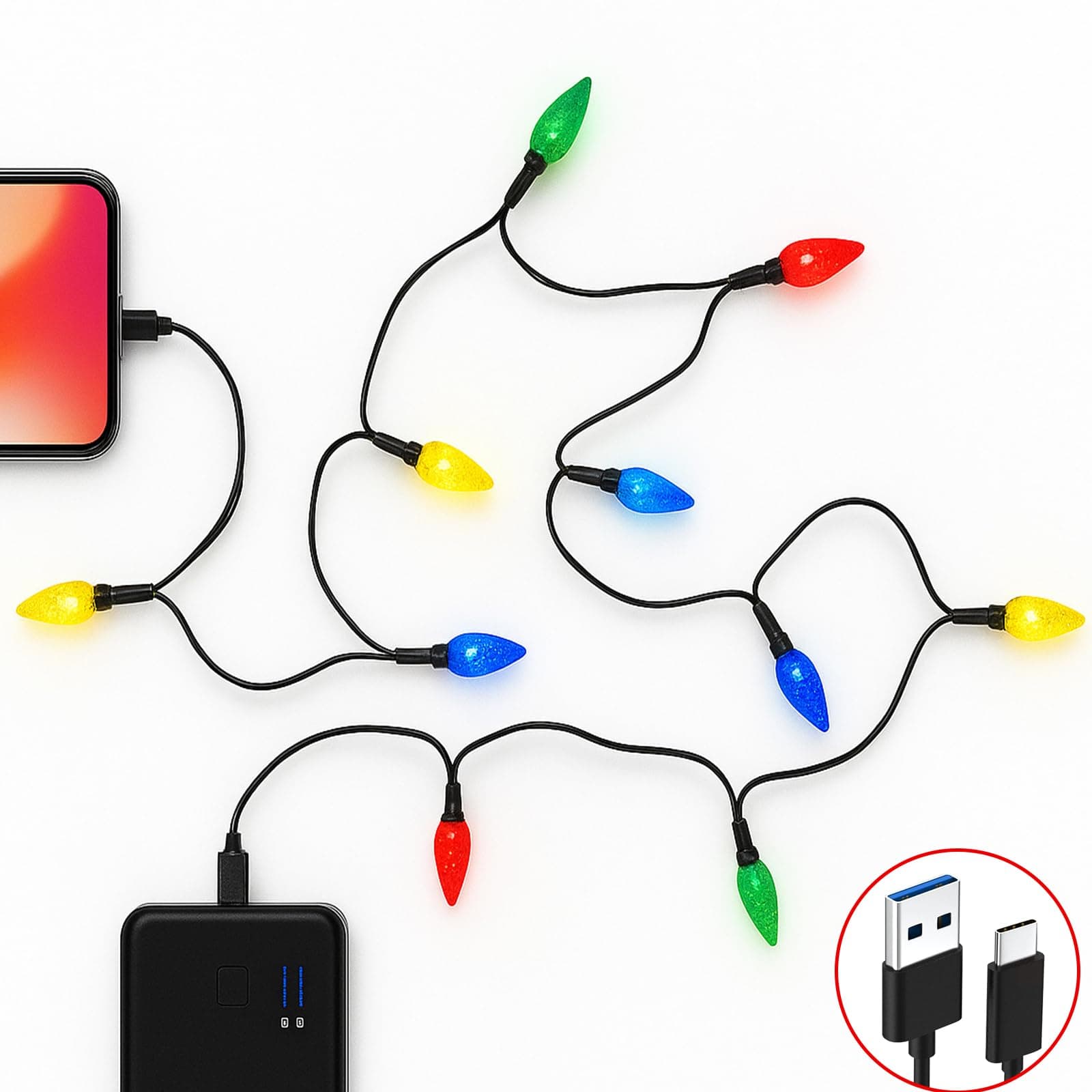 Christmas Lights Phone Charging Cable, Xmas USB-A to Type-C Charger Cord with 10 LED Bulbs, Festive Holiday Charging Cables Compatible with Phone 17/16/15 & Pad Android Samsung Car Decor(1 PCS)