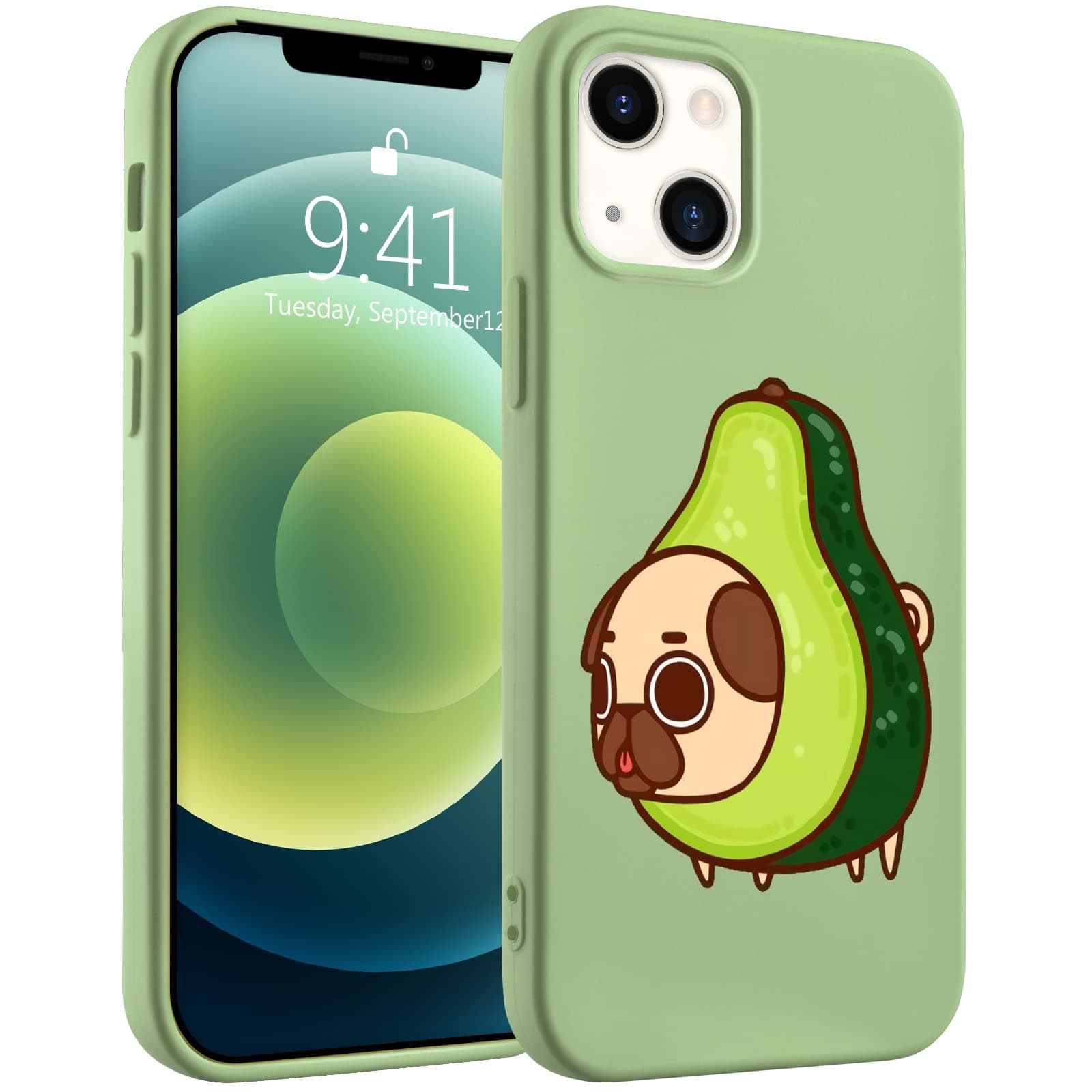 Idocolors Pug Dog Phone Case Compatible with iPhone 7/8/SE 2020,Green Liquid Silicone Lovely Avocado Printted Case,Soft Gel Rubber Full-Body Protective Microfiber Lining Shockproof Case