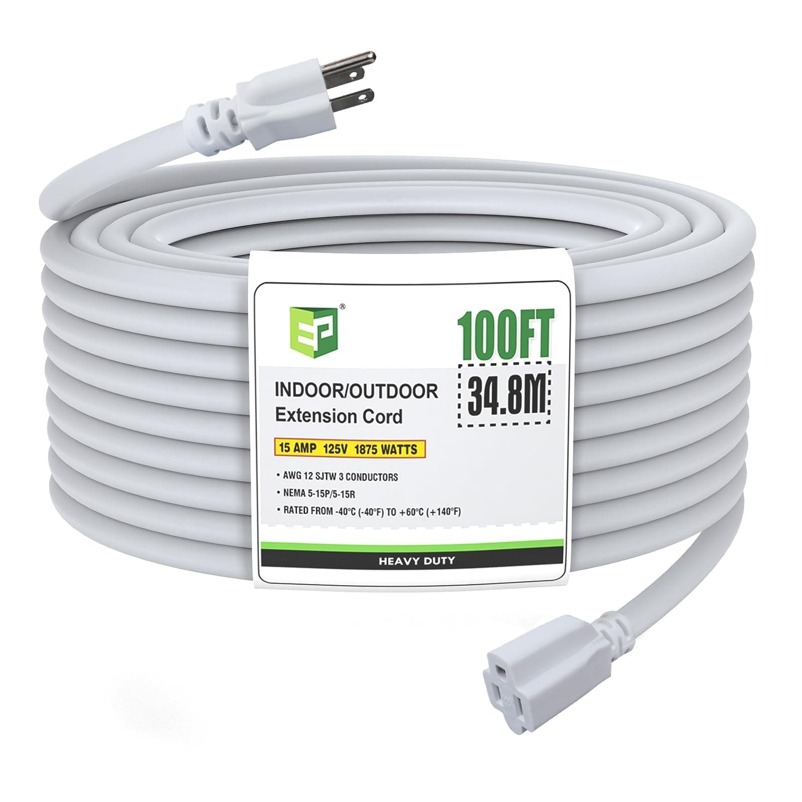 EP 100 Ft Heavy Duty Outdoor Extension Cord, 12/3 SJTW White 3-Prong