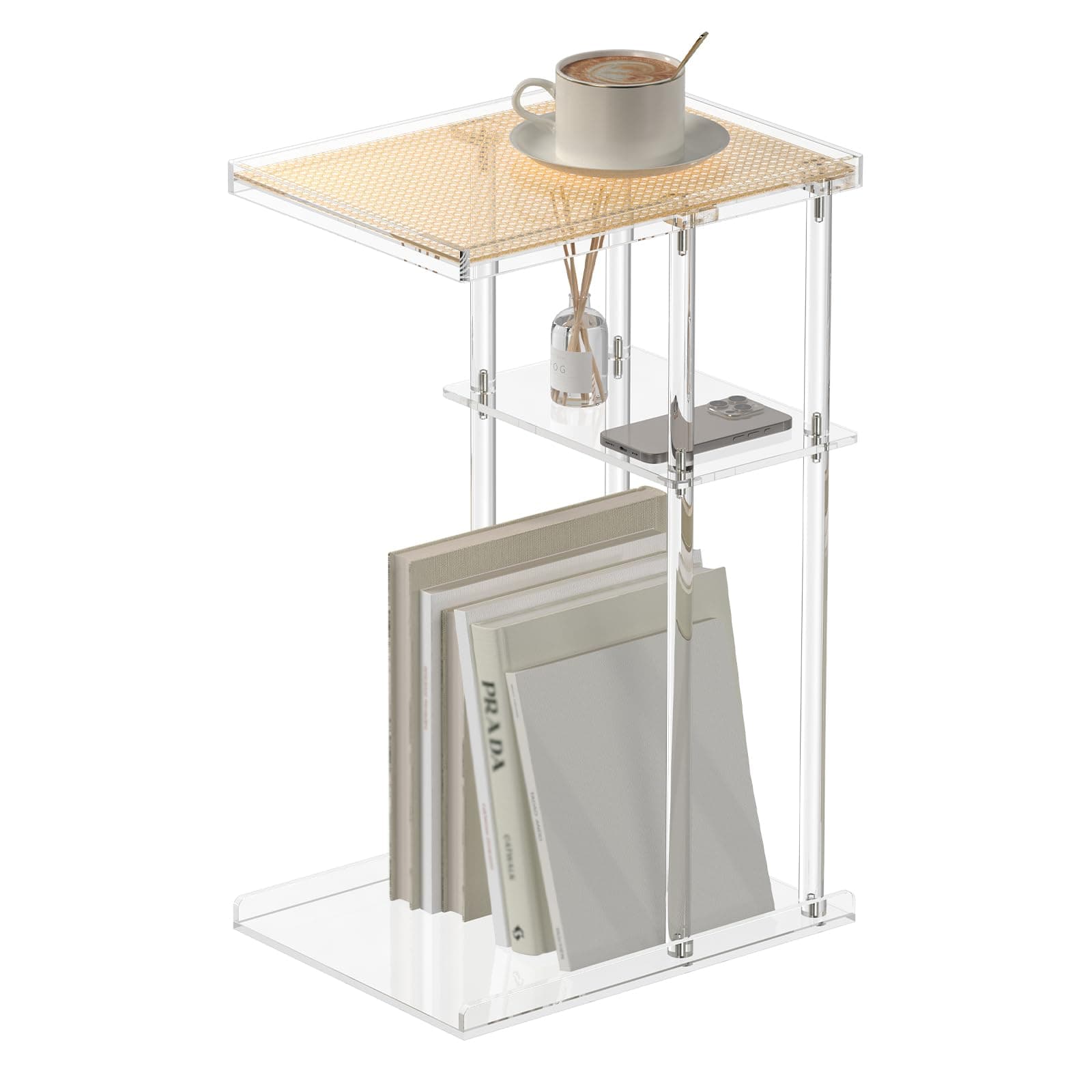 HMYHUM 3-Tier Acrylic Rattan Side Table for Small Spaces, Clear C Shaped End Table for Couch, Living Room, Bedroom, 15.5''L x 11.6''W x 25''H, Modern
