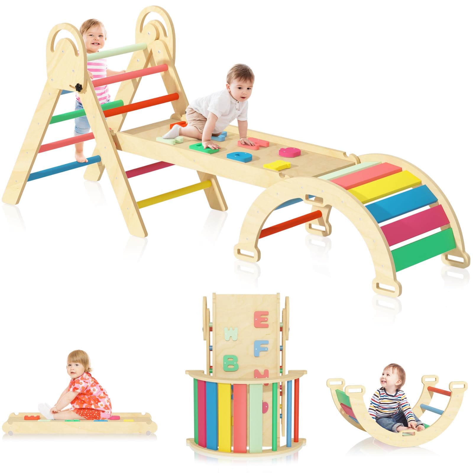 Pikler Triangle Set, Montessori Climbing Set, Baby Climbing Playset Toys Indoor, Jungle Gyms for Toddlers Ages 1-4, Toddler Climb Playground (Rainbow)