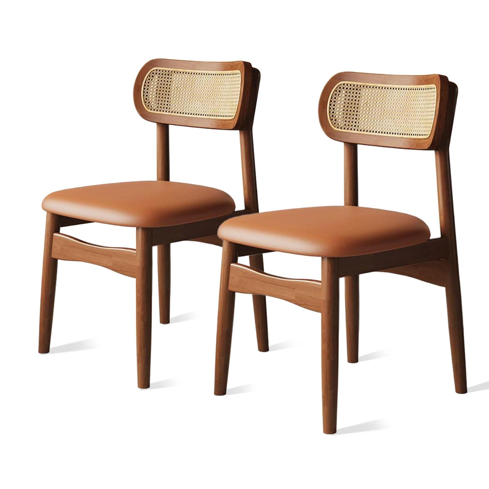 Rattan Dining Chairs Set of 2, Modern Leather Kitchen Chairs, Solid Wood Frame, High-Density Sponge Filling, Midcentury Modern Dining Chairs for Kitchen Restaurant Living Room Office Walnut Orange