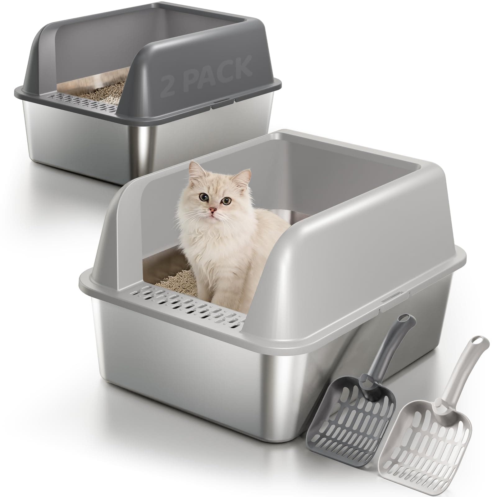 2 Pack Stainless Steel Cat Litter Box with Lid, Small Metal Litter Pan