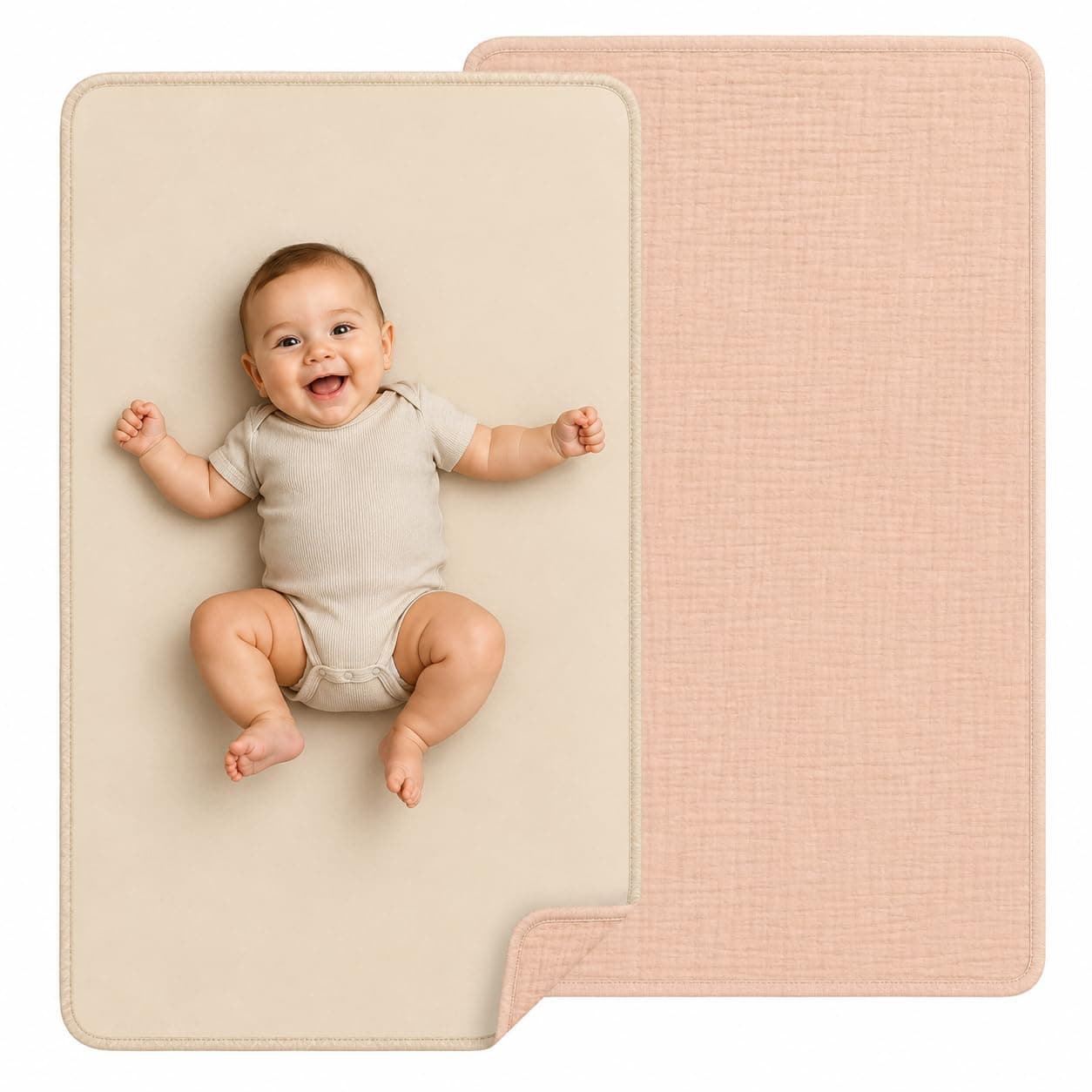 Waterproof Vegan Leather Changing Mat, Portable Changing Pad, 16 x 30 Inch Travel Changing Pad, Foldable Wipeable Baby Diaper Changing Mat for Diaper Bag (Cream/Peach)