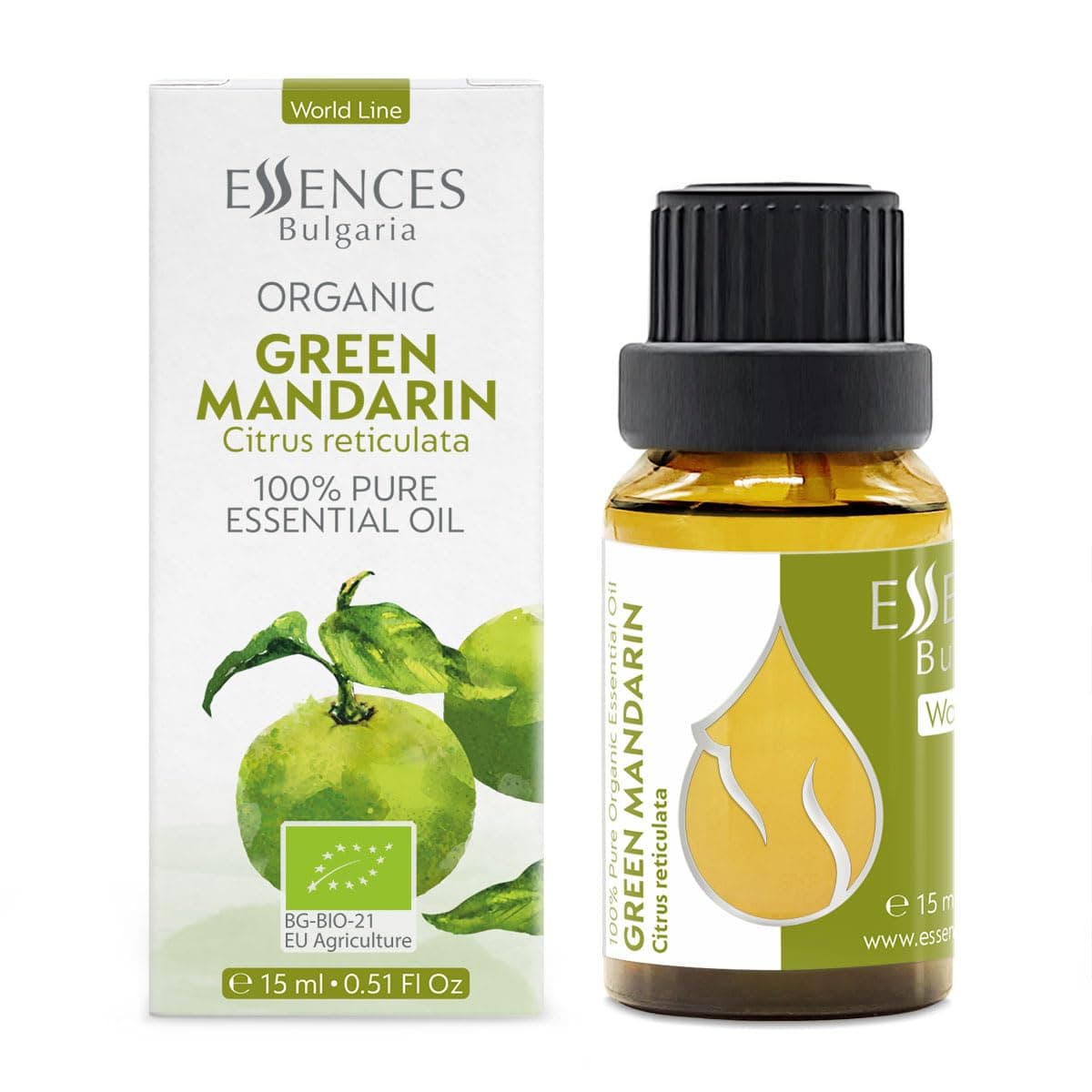 Essences Bulgaria Organic Green Mandarin Essential Oil 0.51 Fl Oz 15ml Citrus reticulata - 100% Pure and Natural Undiluted Therapeutic Grade Aromatherapy Diffuser Humidifier Candle Making Body Oil