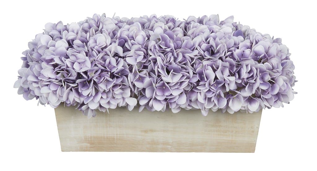 Artificial Hydrangeas in White-Washed Wood Ledge (Lavender)