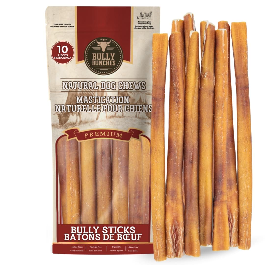 Bully Bunches Premium (12" Standard - 10 Pack) Odor-Free Bully Sticks - Medium & Large Dogs - Consistently Sized Long-Lasting, Natural Single-Ingredient Beef Chews, Oral Health, No Rawhide, Made in CA
