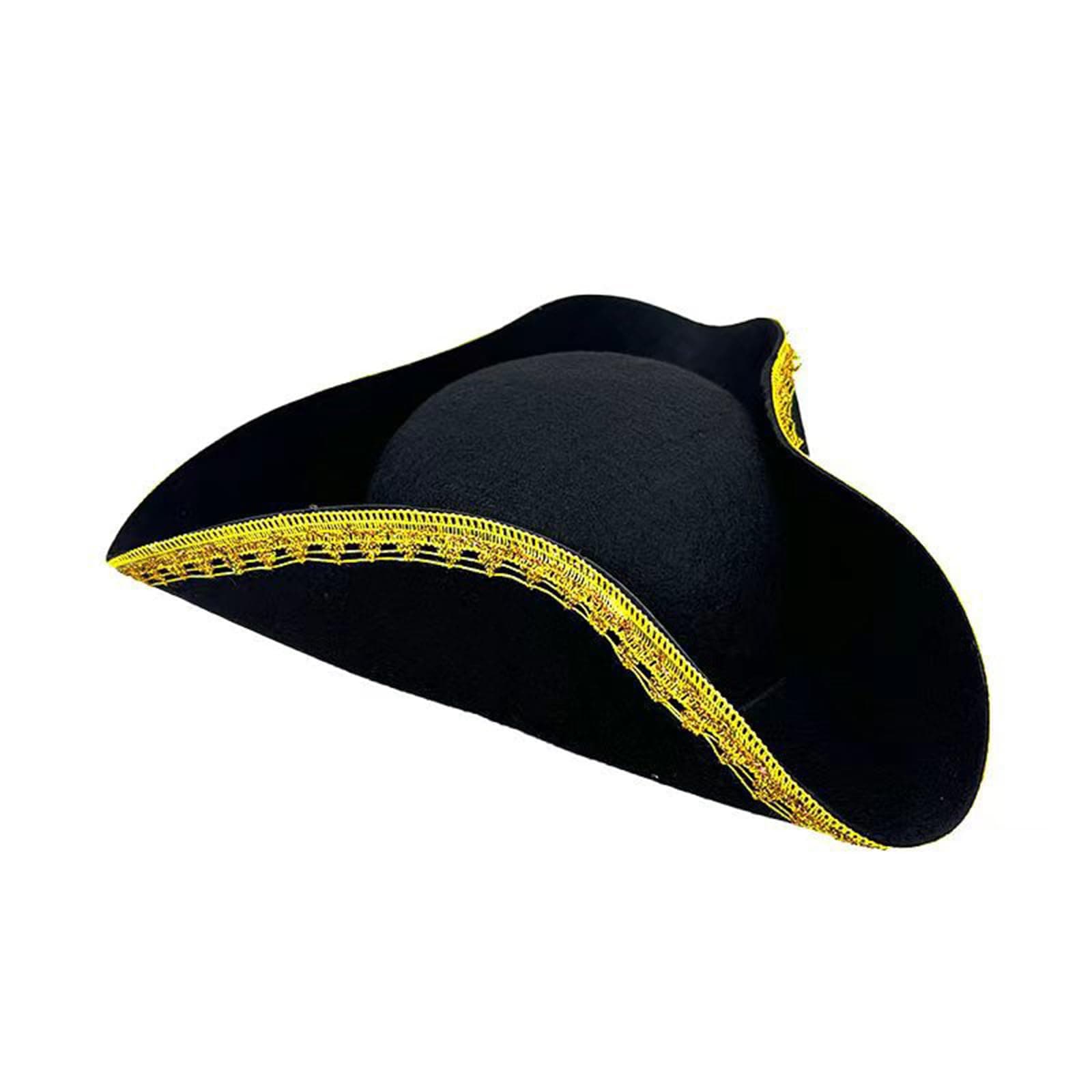FeMereina Black Pirate Hat Deluxe Colonial Tricorn Hat Vintage Party Cap with Gold Trimming for Adults (Black, 35cm*39cm*10cm)