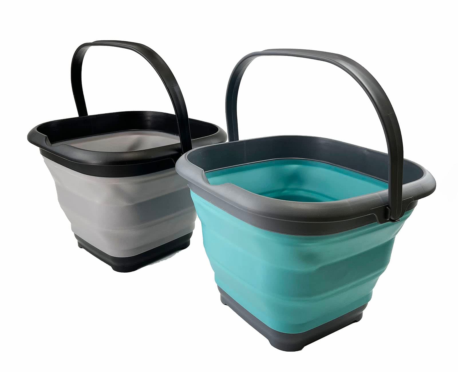 SAMMART 8.5L (2.2 Gallon) Collapsible Square Handy Bucket / Foldable SquareWater Pail / Portable Tub with Handle. Size 31cm (Square) (Alloy Grey + Crystal Blue (Set of 2))
