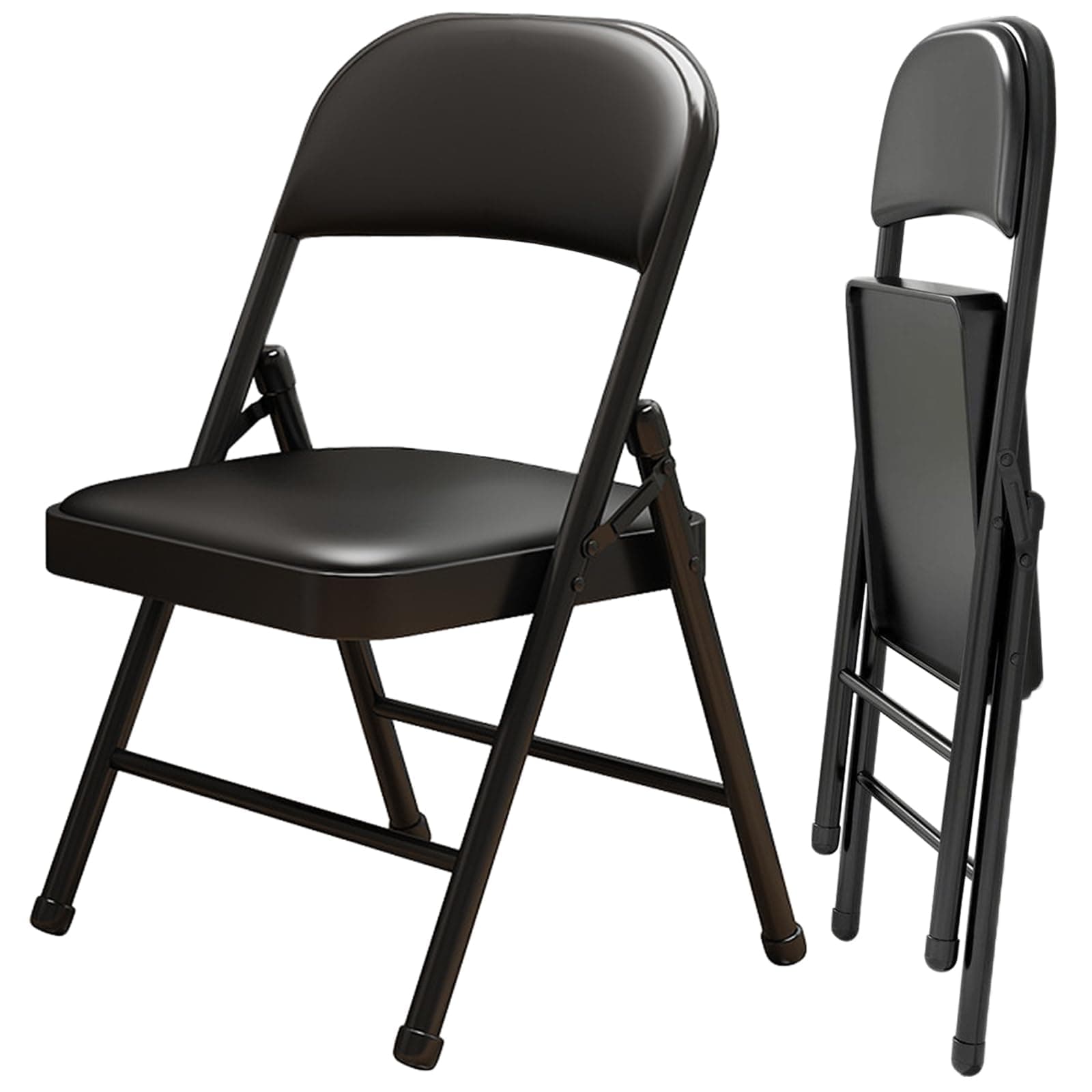 KAOCHA 2 Pack Folding Chairs with Leather Padded Cushion and Back, Metal Black Foldable Chair for Indoor Outdoor, Commercial Stackable Guest Chairs for Office Events Wedding Party Kitchen Dining