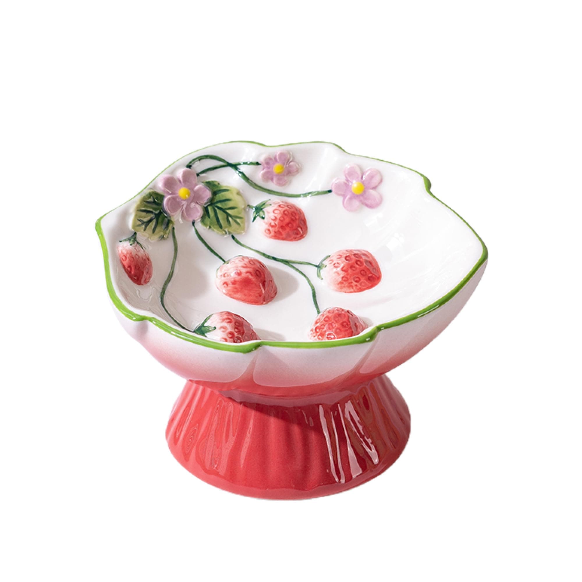 PawsPik Strawberry Blooms Elevated Ceramic Cat Bowl – Raised Cat Food Bowl with 15° Tilt, Whisker-Friendly Pet Feeding Bowl, Anti-Choking Dish, Dishwasher Safe (Red)