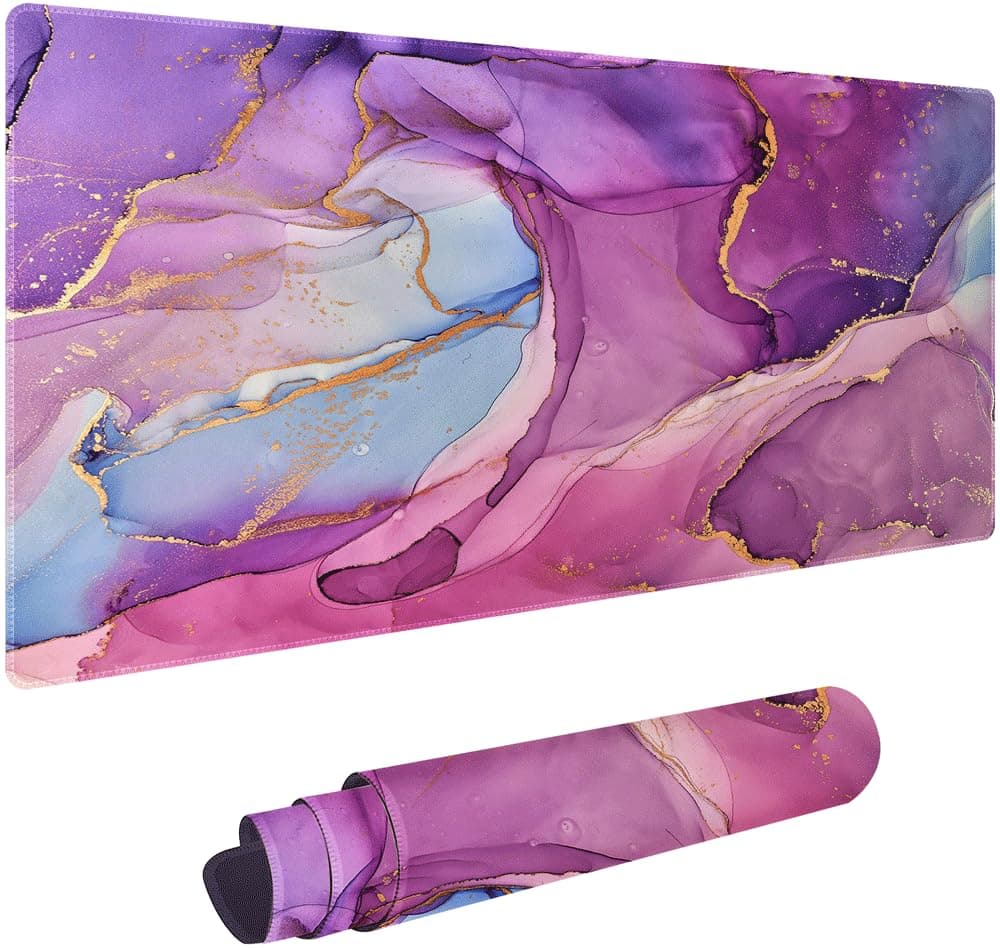 Purple Pink Gold Marble Non-Slip Rubber Large Mouse pad for Desk,Large Gaming Mouse Pad XXL Extended Mouse pad with Stitched Edges Non-Slip Base Water Resist Pad Desk Mat 35.4x15.7inch