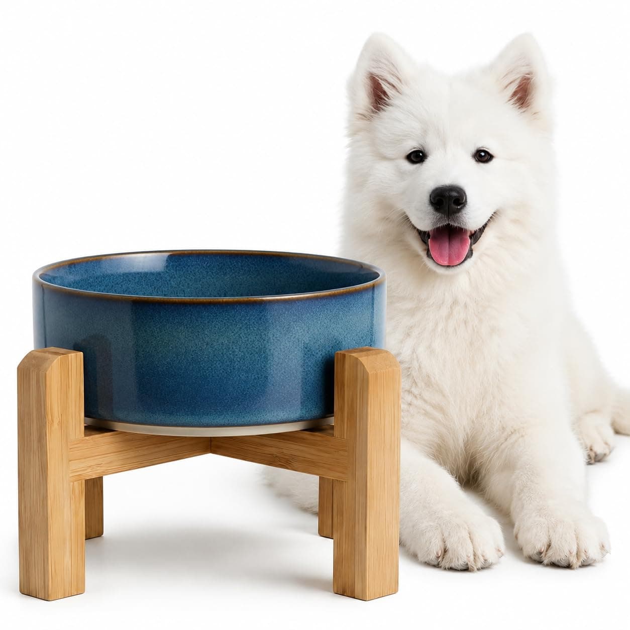 hjn Elevated Ceramic Dog Bowl with Bamboo Stand, Raised Pet Feeding Station for Small Medium Dogs Cats, Modern Design with Anti-Slip Base (Deep Blue, 3.6Cup)