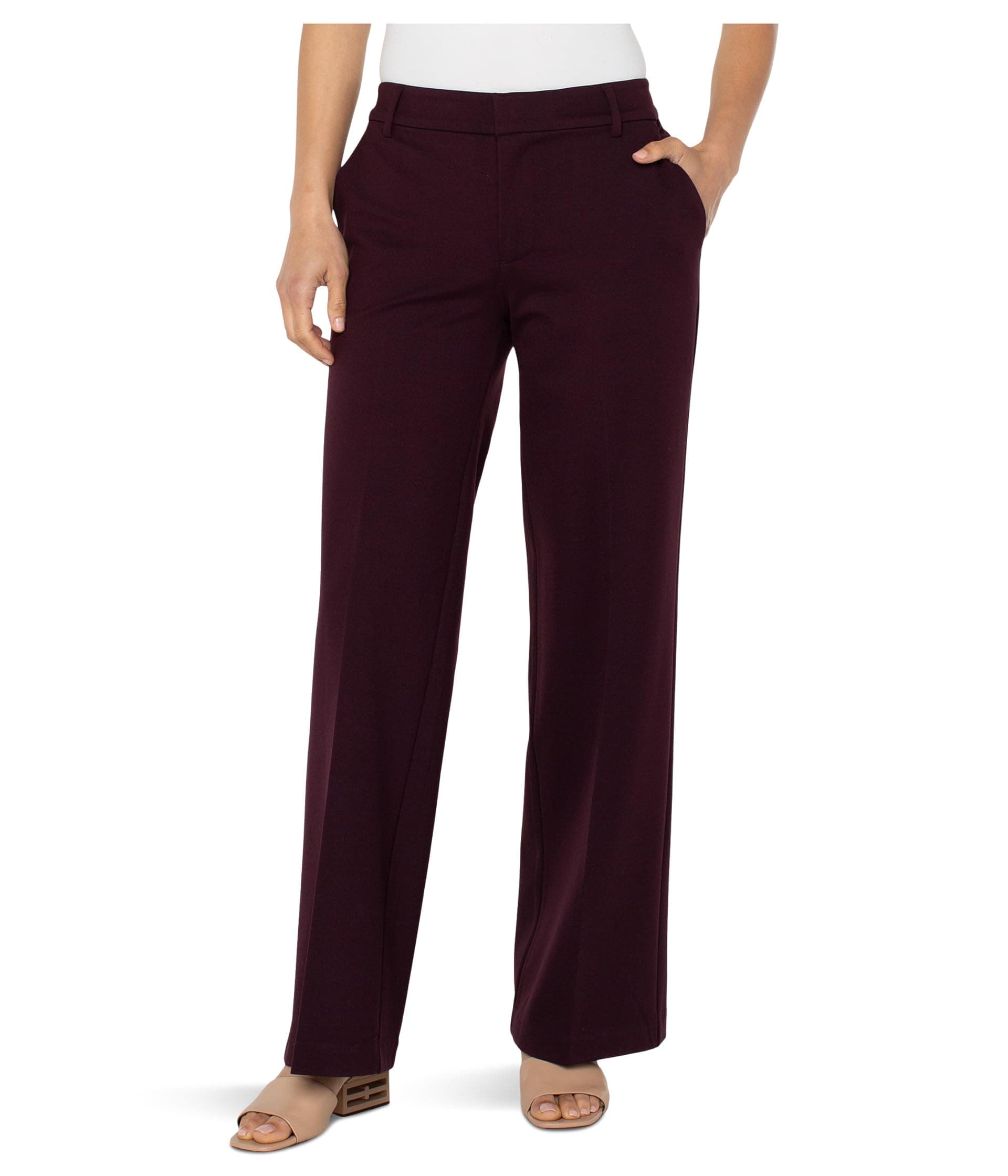 Liverpool Los Angeles Womens Kelsey Mid-Rise Super Stretch Ponte Wide Leg Trousers Dark Plum 12 Inseam: 31