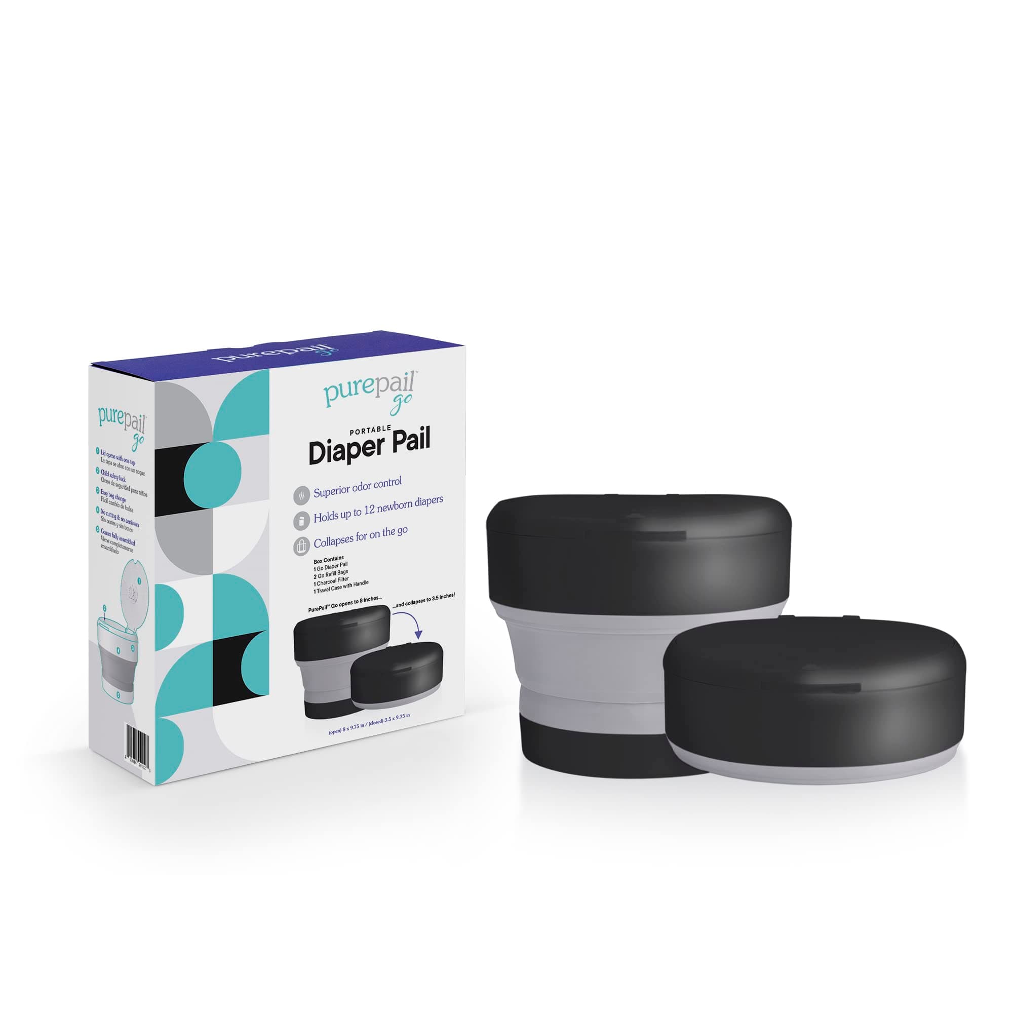 PurePail Go Portable Diaper Pail — Black — Superior Odor Control with No Added Fragrance — Collapses for On-The-Go — Compact & Space-Saving