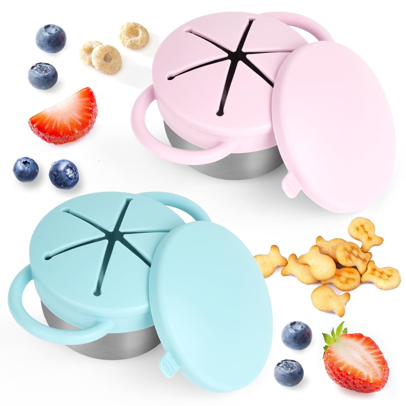 2 Pack Snack Cups for Toddlers Spill Proof - Detachable Stainless Steel Toddler Snack Cups with Silicone Lids & Handles (Light blue and Light pink)