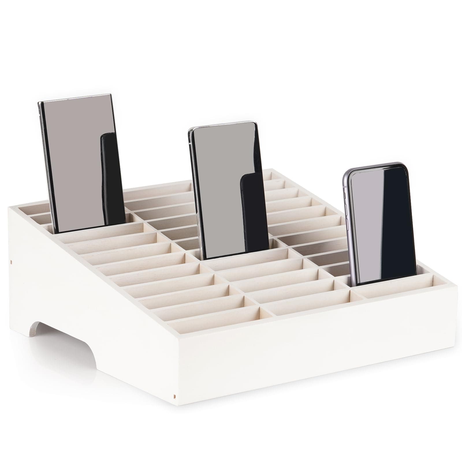 Lzttyee Wooden 36-Grid Cell Phones Storage Box Desktop Mobile Phone Holder Organizer for Office School Classroom (36-Grid White)