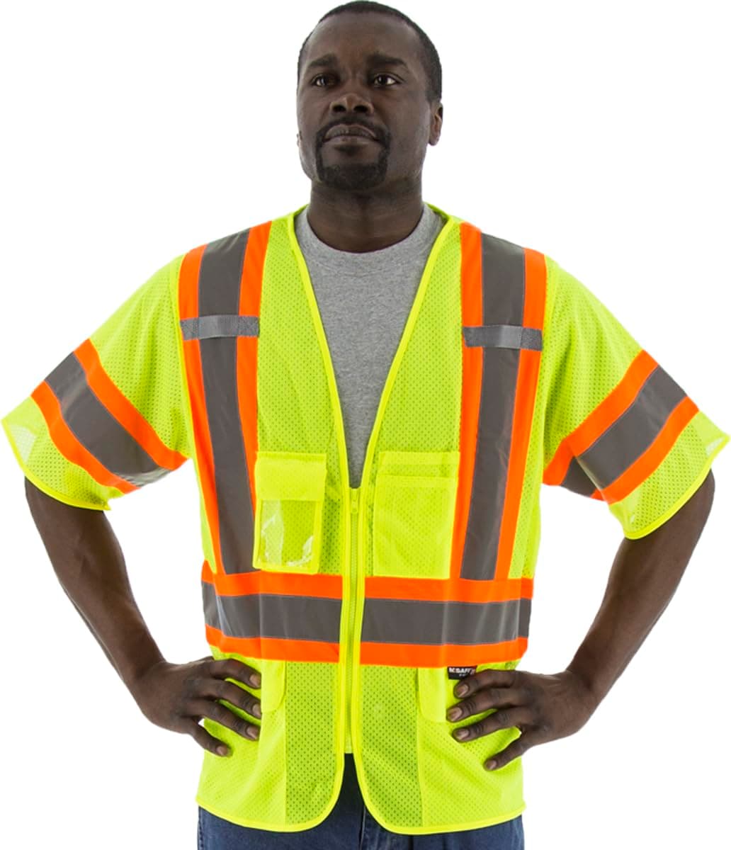 Majestic 75-3301/L High Visibility Mesh Vest with DOT Striping, Breathable Fabric, Multiple Pockets including Radio Pockets and ID Badge Display, Large, Yellow