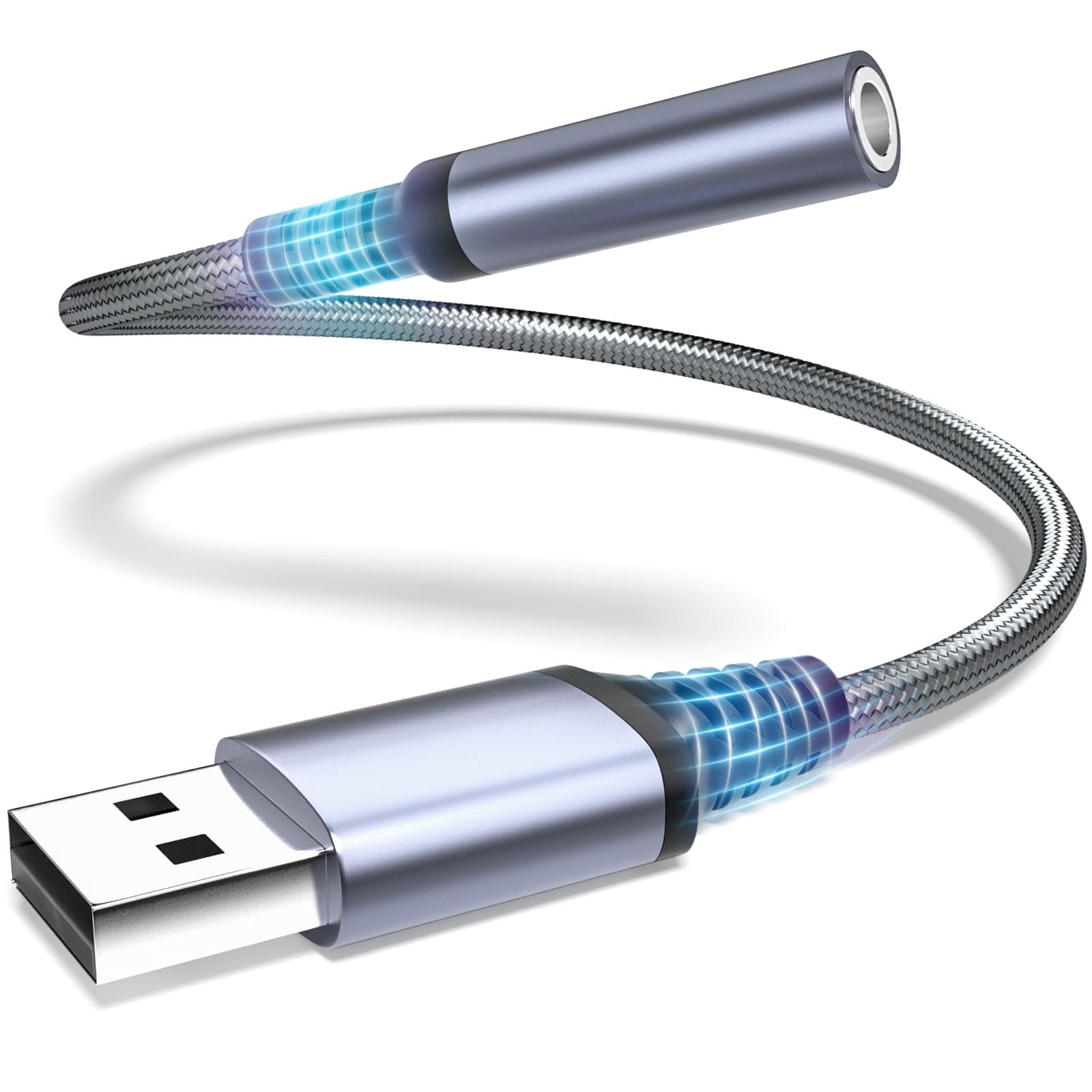 USB to 3.5mm Jack Audio Adapter, Audio Aux Cable External Stereo Sound Card, USB-A to 3.5mm TRRS Female Headset for PS4/PS5/Headphone/Mac/Linux/PC Windows/Laptop/Desktops/Docking Station/iOS (Gray)