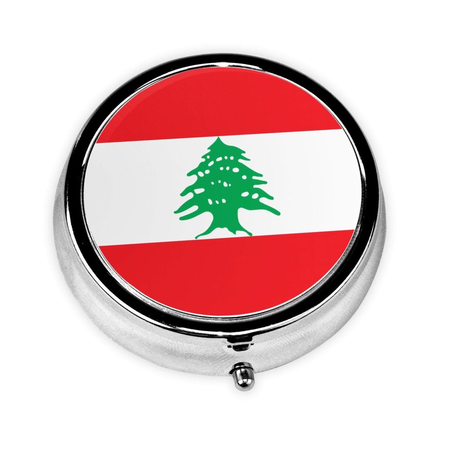 Flag of Lebanon Metal Iron Electroplating, Round Pill Box, 2.0x2.0x0.7 inches, with 3 Plastic compartments