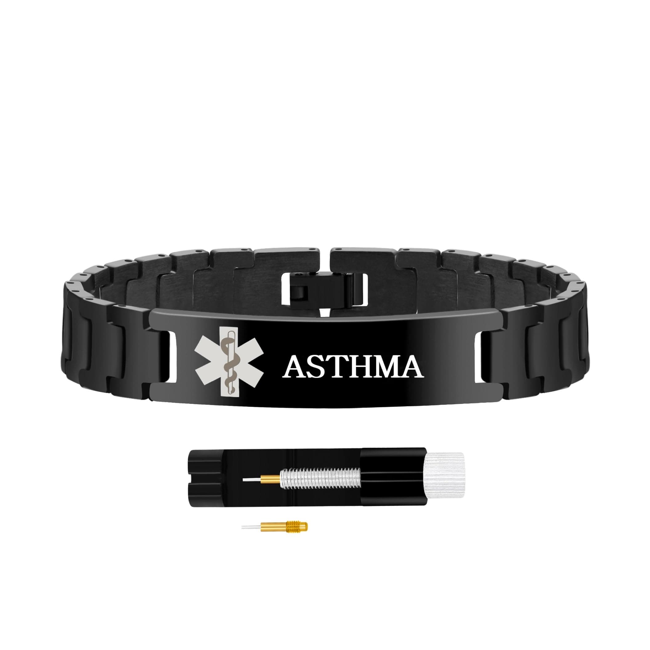 Zircobic Asthma Medical Alert Bracelet – Black Stainless Steel, Laser Engraved, Waterproof and Hypoallergenic, Sleek Design for Active and Daily Use