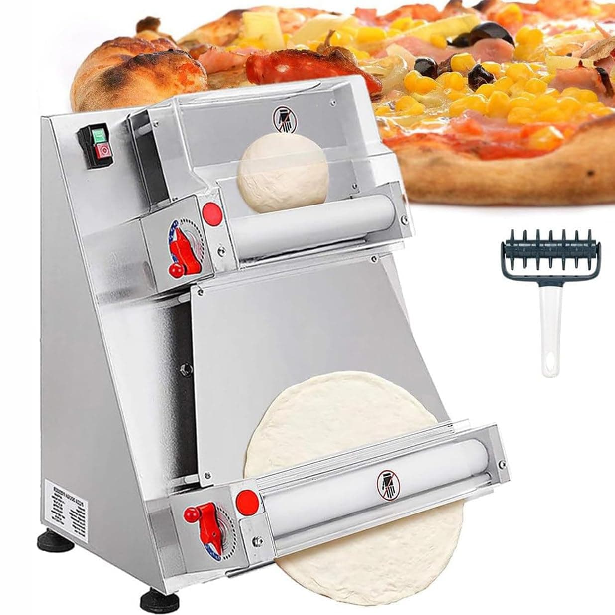 370W Automatic Commercial Dough Press Machine, Pizza Dough Roller Sheeter, Electric Stainless Steel Tortilla Press Machine, Including Pie Crusts (40cm)