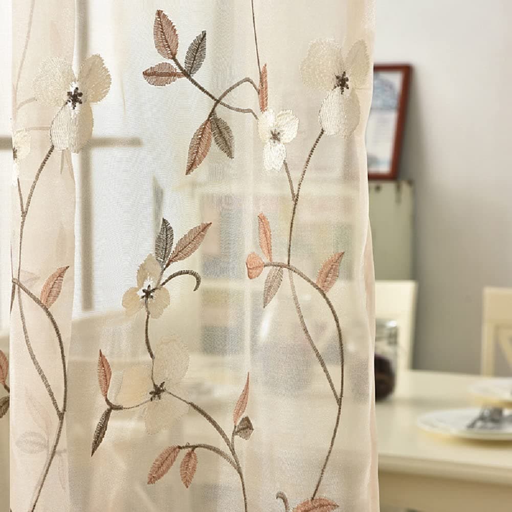 Iuokuby Natural Exquisite Flower Embroidery Tulle Sheer Curtains Kids Childern Room Window Treatments Panels for Living Baby Room Bedroom(1 Panel, W 50 x L 84 inch, Brown)