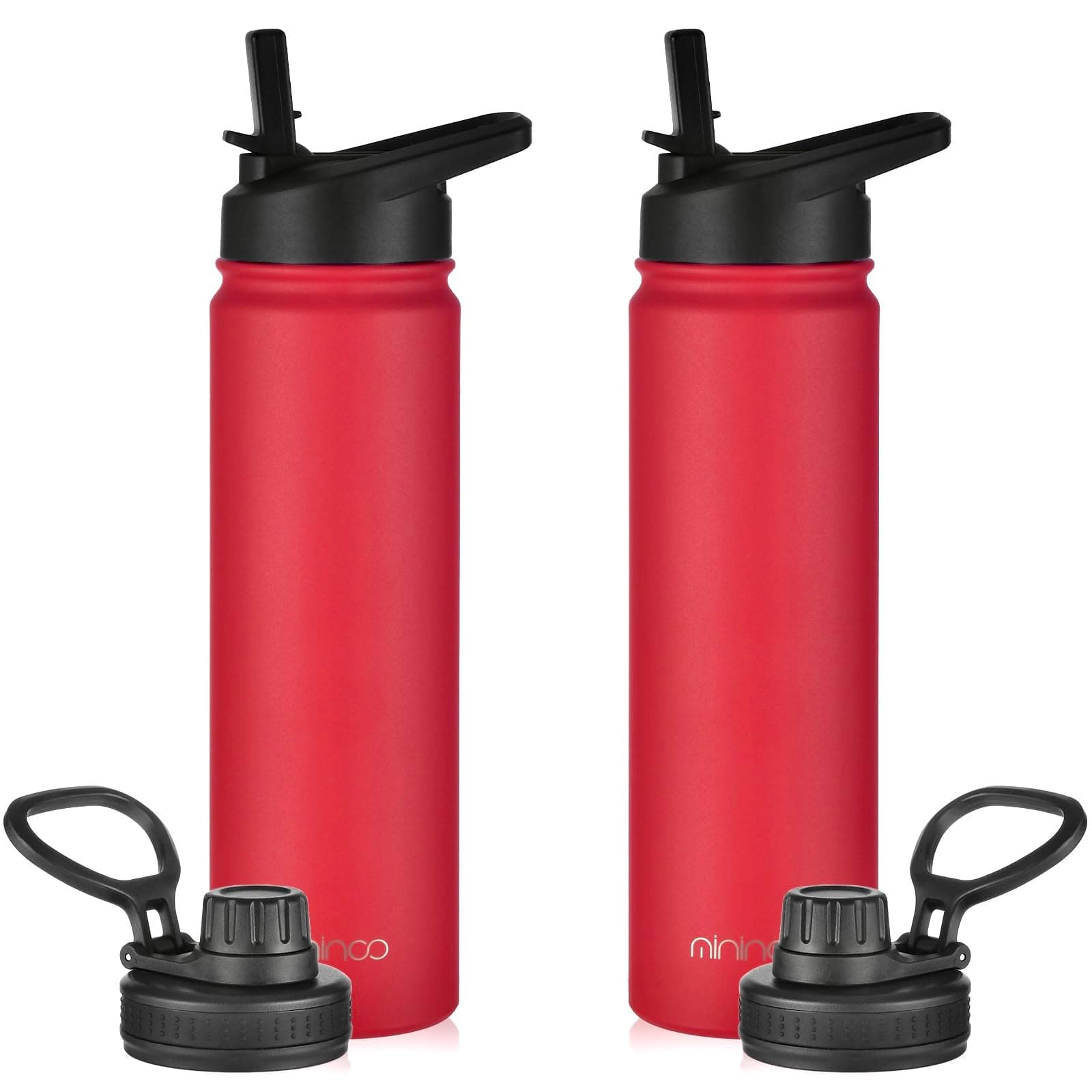 mininoo Insulated Stainless Steel Water Bottle with Straw and Lid for Sports, 24 oz, 2 Pack Red
