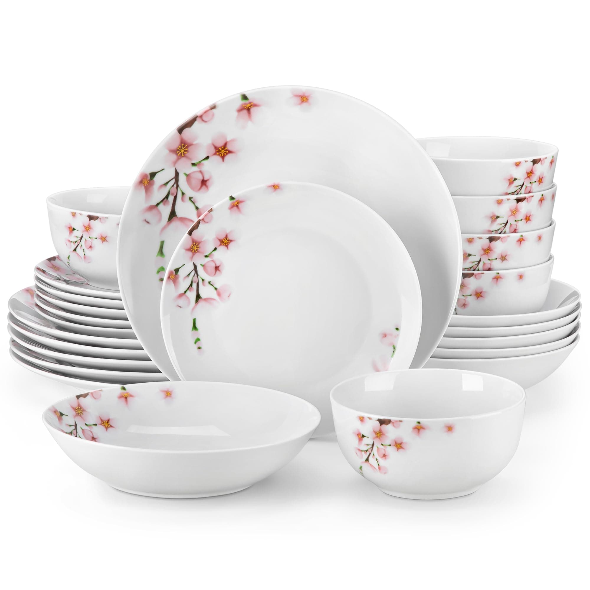 VEWEET Dinnerware Sets for 6, 24 Pieces Porcelain Plates and Bowls Set with Pink Floral, Classic Dishes Set Dining Ware for Dinner, Microwave Dishwasher Safe, Series ANNIE