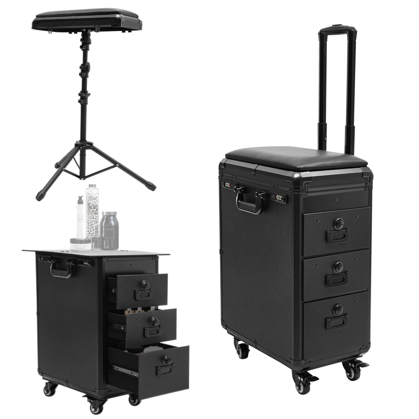 WPORDE Rolling Makeup Case with Removable Armrest Stand, Portable 3 Drawers Makeup Train Case with Combination Lock & Handles, Salon Barber Case Traveling Cart Trunk, black, 16.54*11*20.87 inches