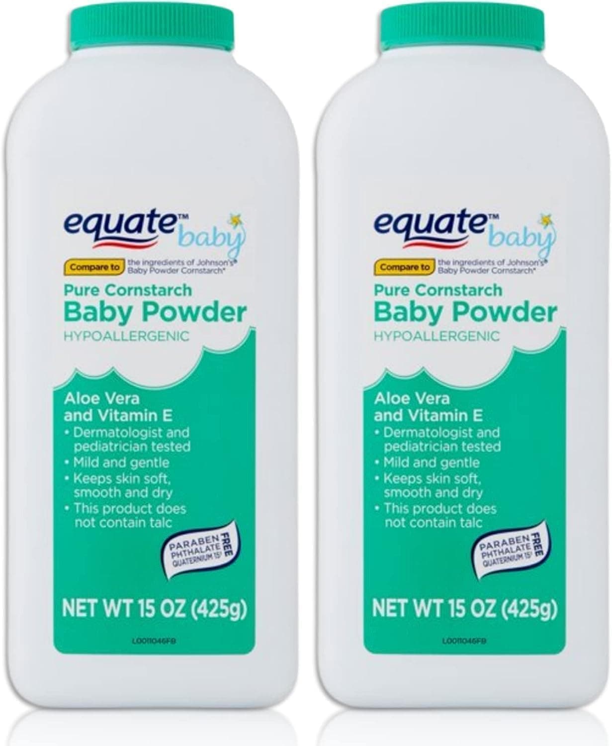 Equate Pure Cornstarch Baby Powder Aloe Vera and Vitamin E (15 oz 2 Pack)