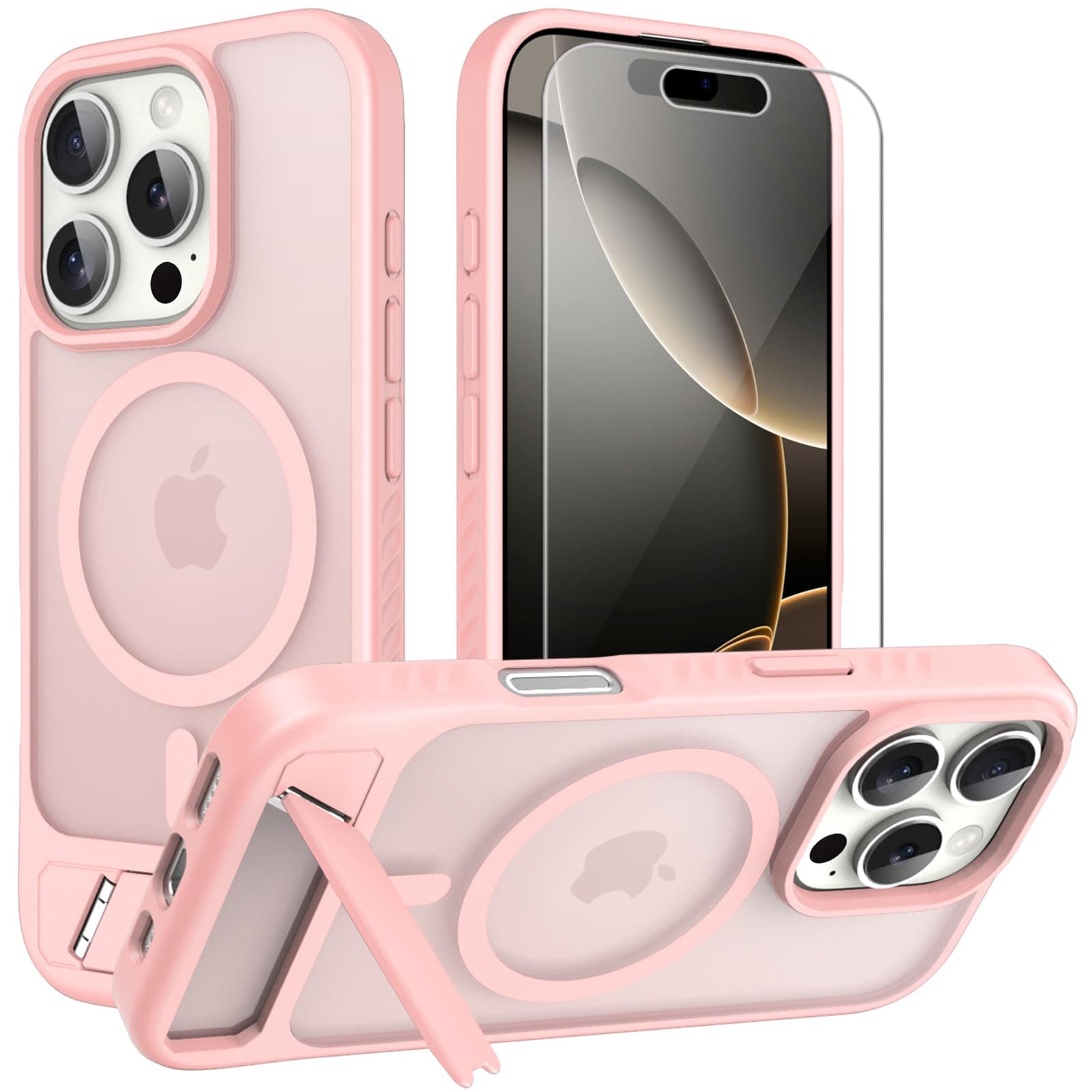 for iPhone 16 Pro case: [fit for Magsafe] Strong Magnetic & Invisible Stand, Military-Grade Drop Protection with Screen Protector, Adjustable Kickstand Frosted Translucent Matte Phone Case, Girly Pink