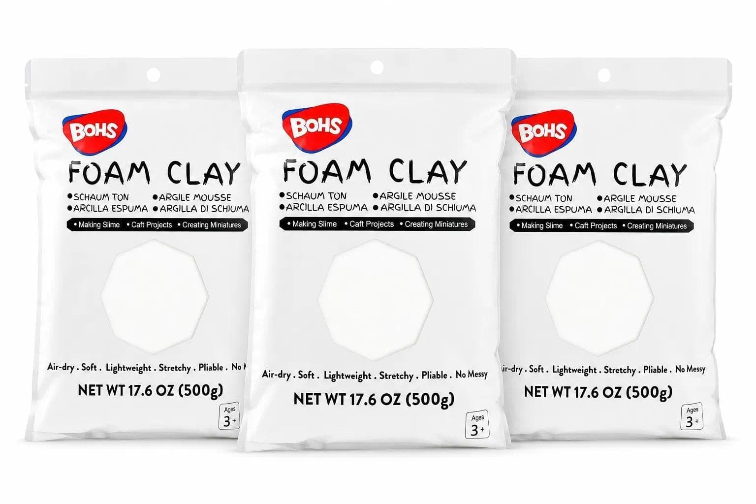 BOHS White Foam Clay, 1.5 kg Air-Dry Modelling Clay, 3-Pack