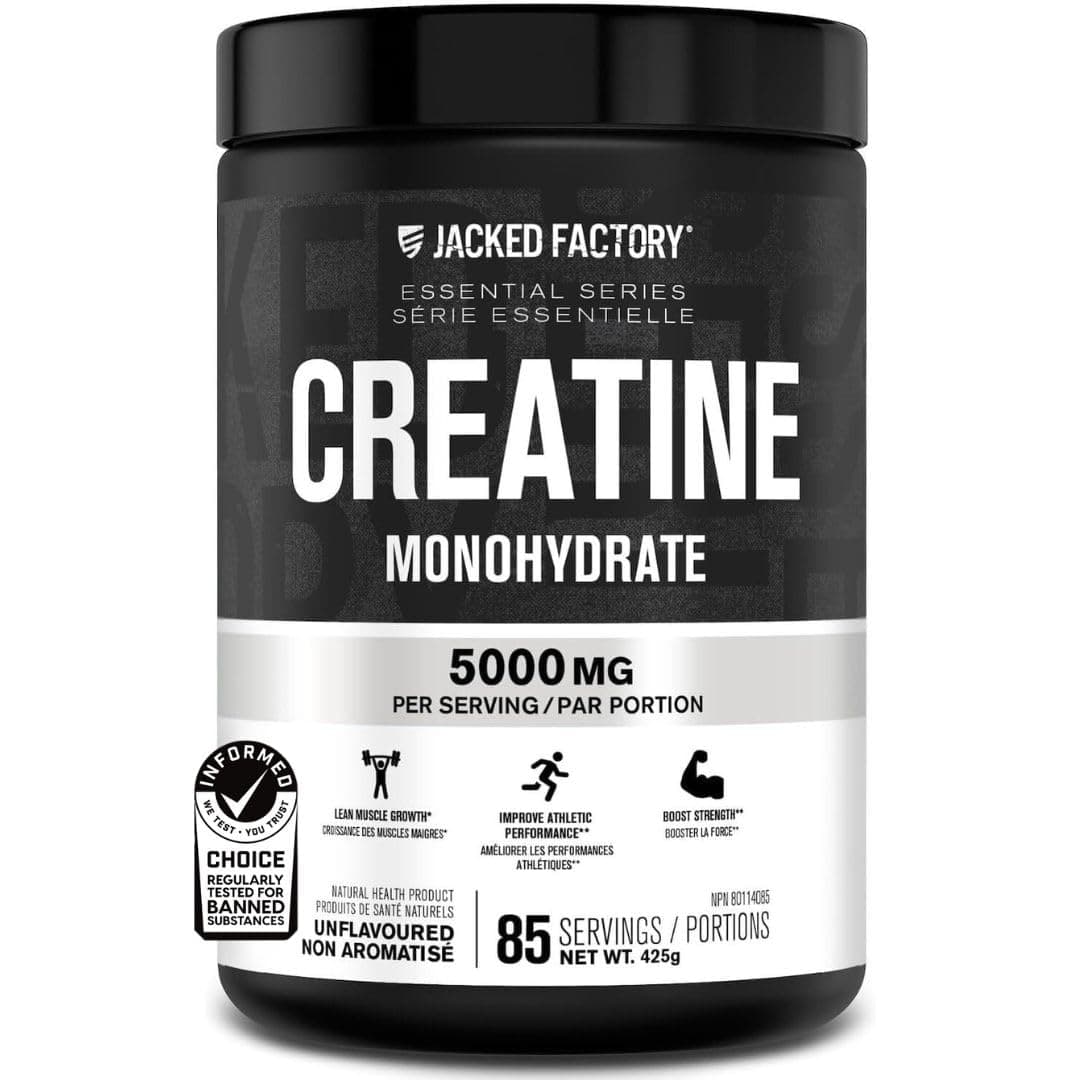 Jacked Factory Micronized Creatine Monohydrate Powder 425g - Canadian-Owned Informed Choice Certified for Increased Muscle Mass*, Improved Strength, Power, & Performance** - 85 Servings, Unflavoured