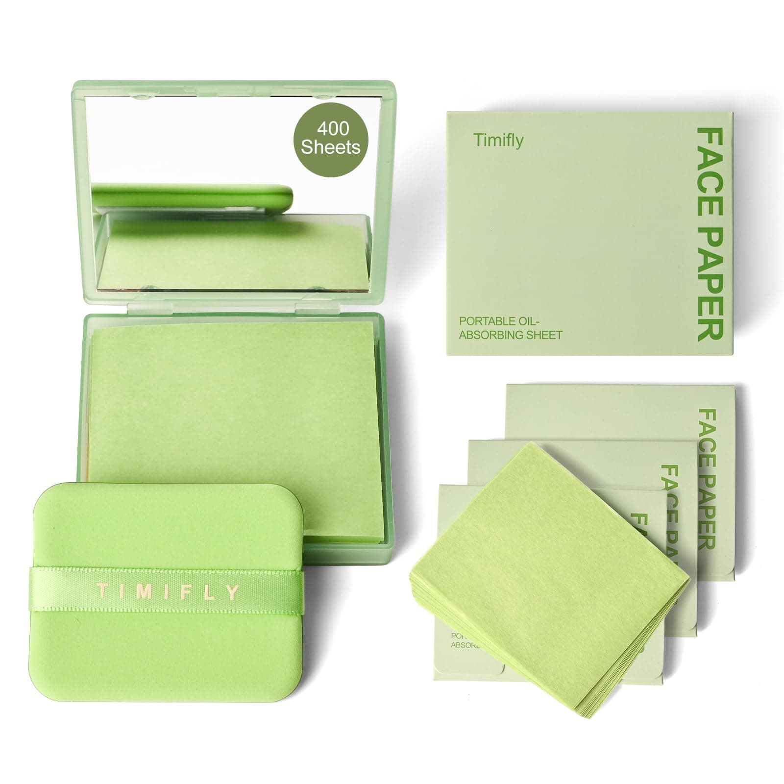 KYDA 400 Sheets Oil Blotting Paper with Mirror and Puff, Refills Included, Skin-friendly Face Oily Absorbing Sheets for All Skin, Travel Size (1 Formal + 3 Fillers)