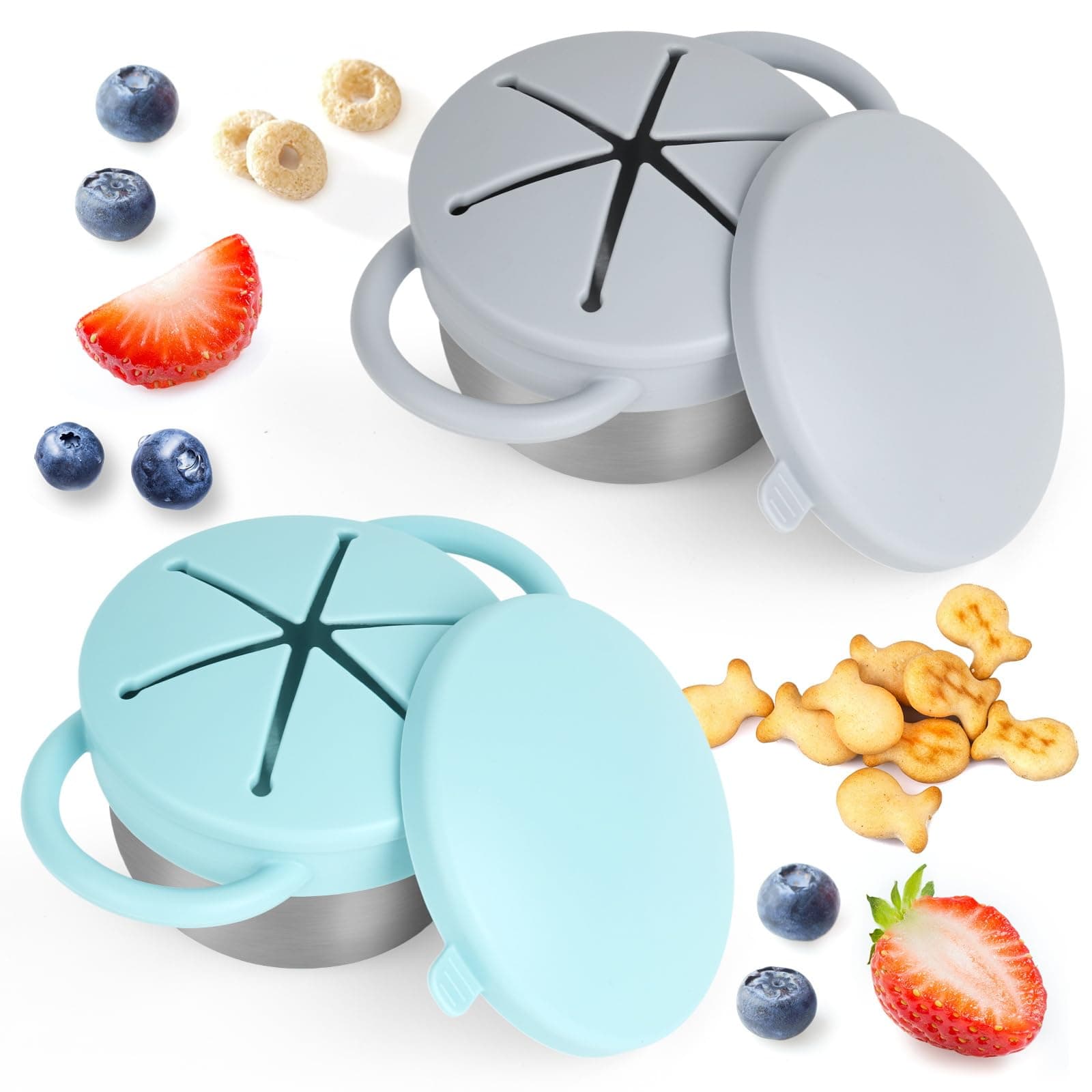 2 Pack Snack Cups for Toddlers Spill Proof - Detachable Stainless Steel Toddler Snack Cups with Silicone Lids & Handles (Light blue and Light grey)
