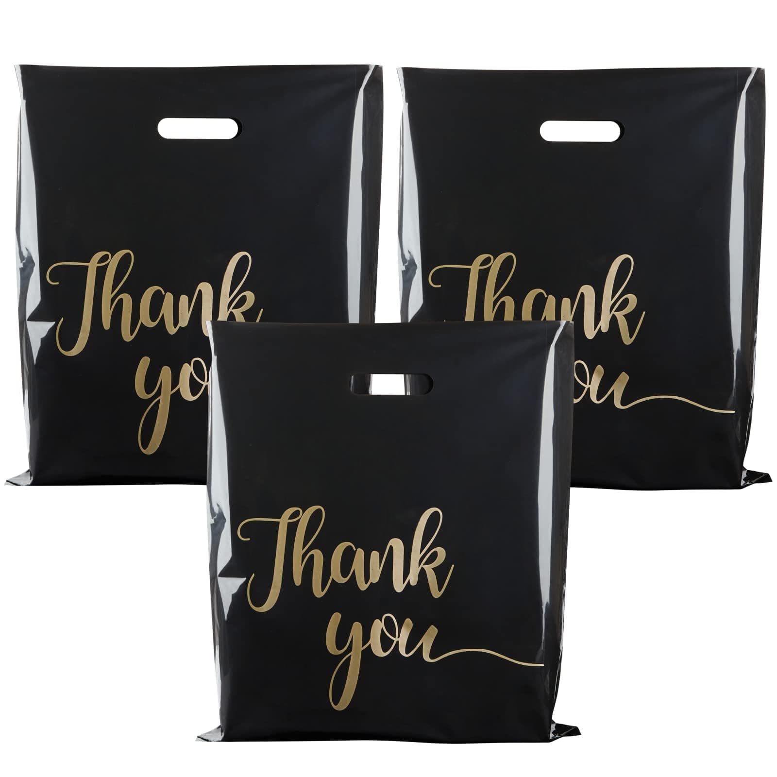 ZORRITA 100 Pack Thank You Bags for Small Business, 15 x 18 Inch Plastic Shopping Bags with Handles Retail Merchandise Bag Extra Thick Gift Bag Bulk (Black)