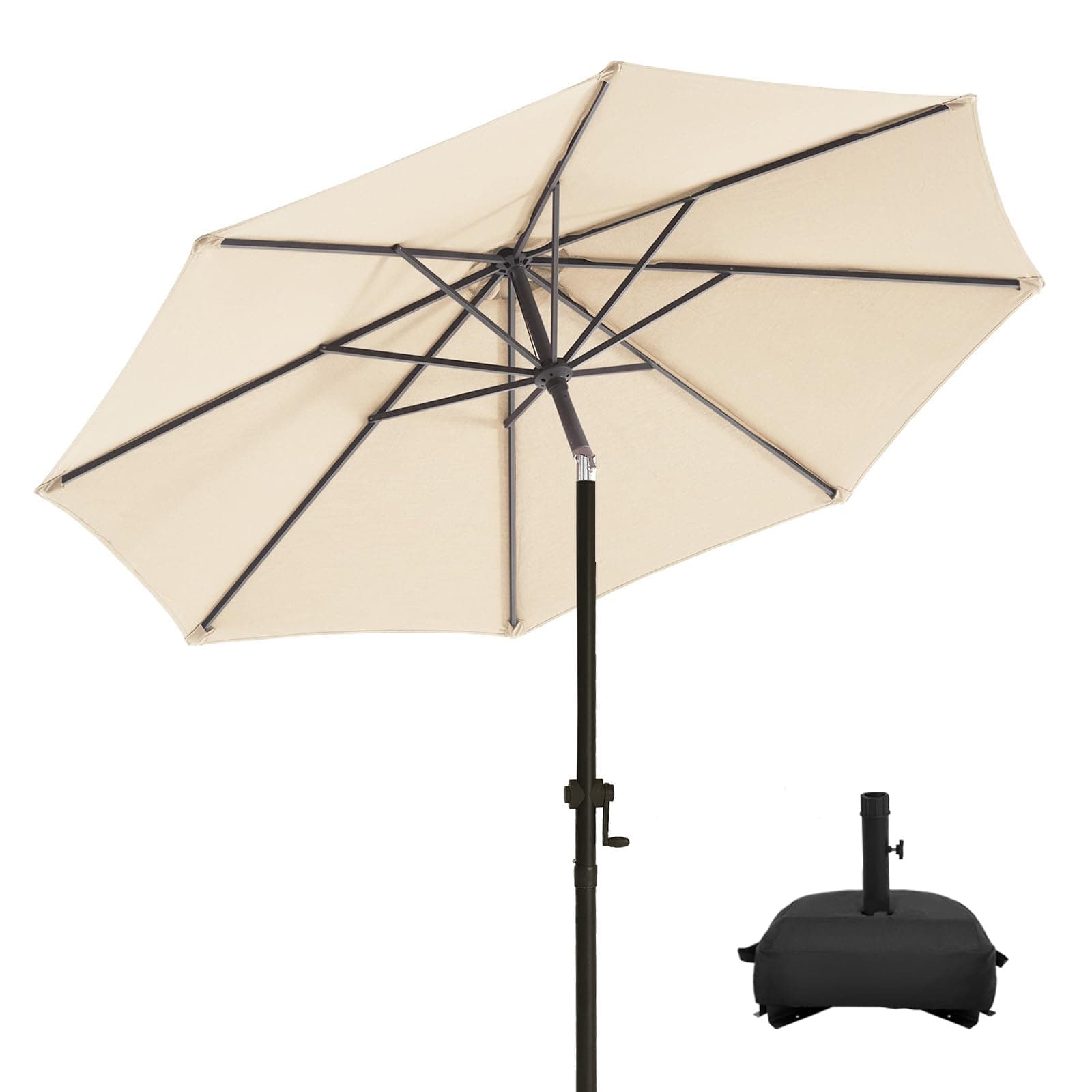 wikiwiki 9FT Patio Umbrella with Base, Outdoor Umbrellas with Base Included, 8 Sturdy Ribs, Waterproof Fade Resistant POLYESTER DTY Canopy for Deck, Lawn, Garden, Backyard & Pool, Beige