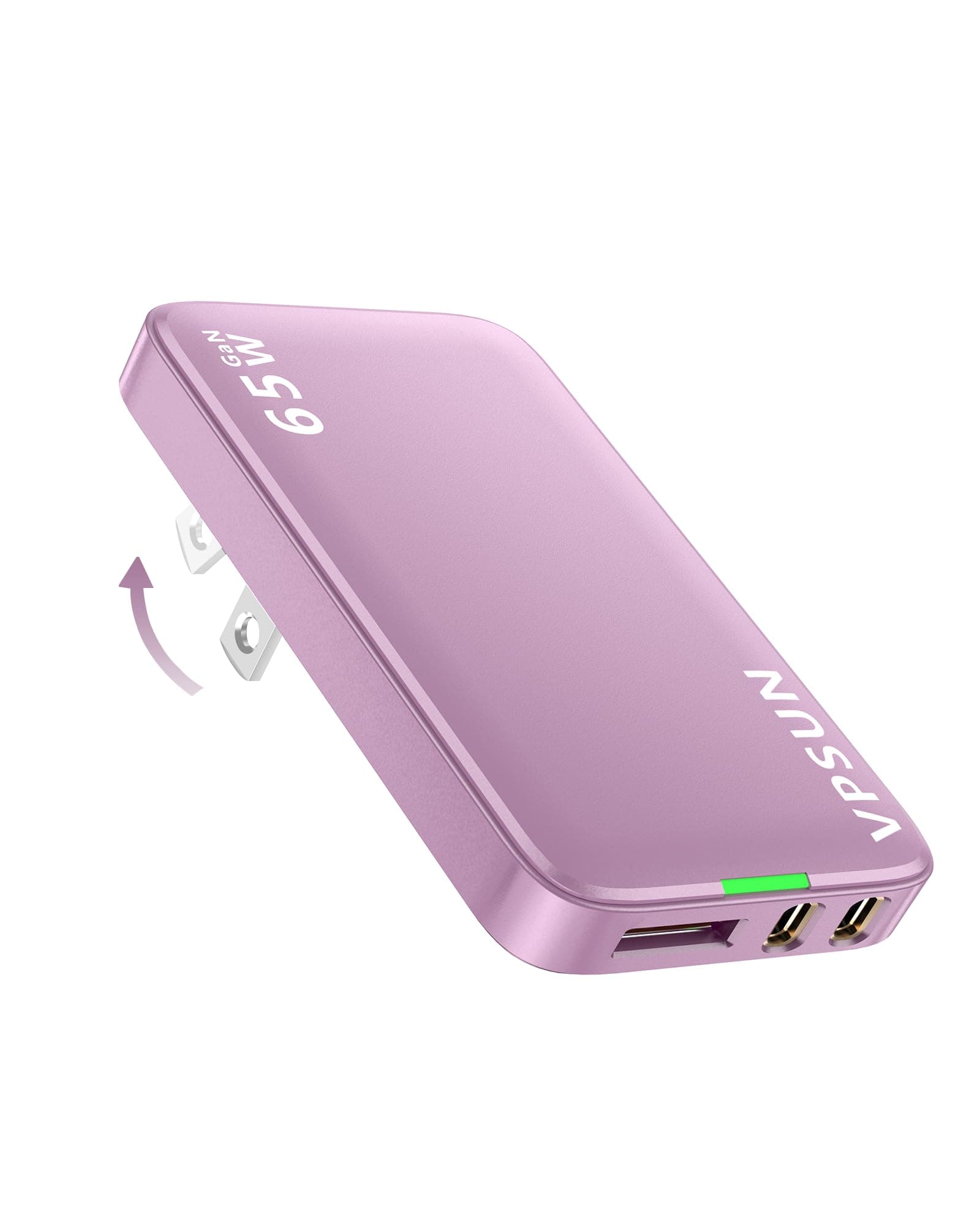VPSUN 65W GaN USB C Wall Charger Block,3 Port Ultra Thin Flat USB-C Charging Plug,Foldable USB Power Adapter for MacBook,iPhone 15,Samsung (Purple, 65W)