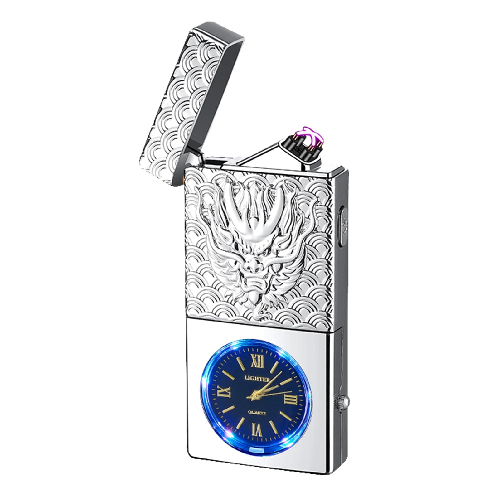 Electric Lighter USB Rechargeable Lighter, Windproof Plasma Dual Arc Lighters, Flameless Cool Clock Lighters with LED Battery Indication for Candles, Incense Stick, Outdoor Camping (Silver, Dragon)