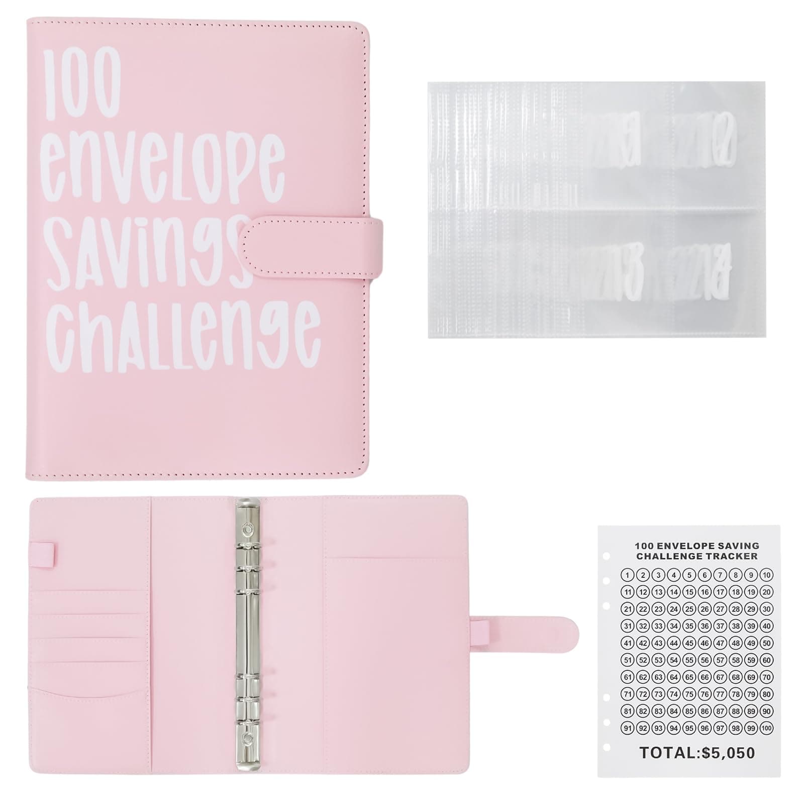 YUYUDEHM 100 Envelopes Money Savin Binder, Savings Challenges Book, Saving Budget Binder with Cash Envelopes (Pink)