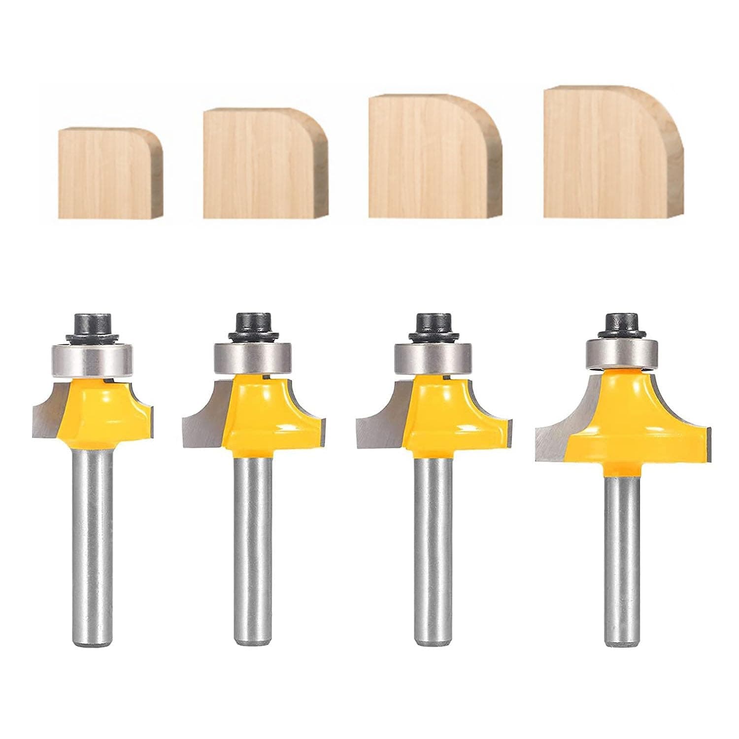 TOTOWOOD Lot de 4 fraises à défoncer Roundover, tige de 6,35 mm, rayon de 0,3 cm, 0,6 cm, 0,9 cm, 0,9 cm, 5/16", guide de roulement pour fraise à bord arrondi