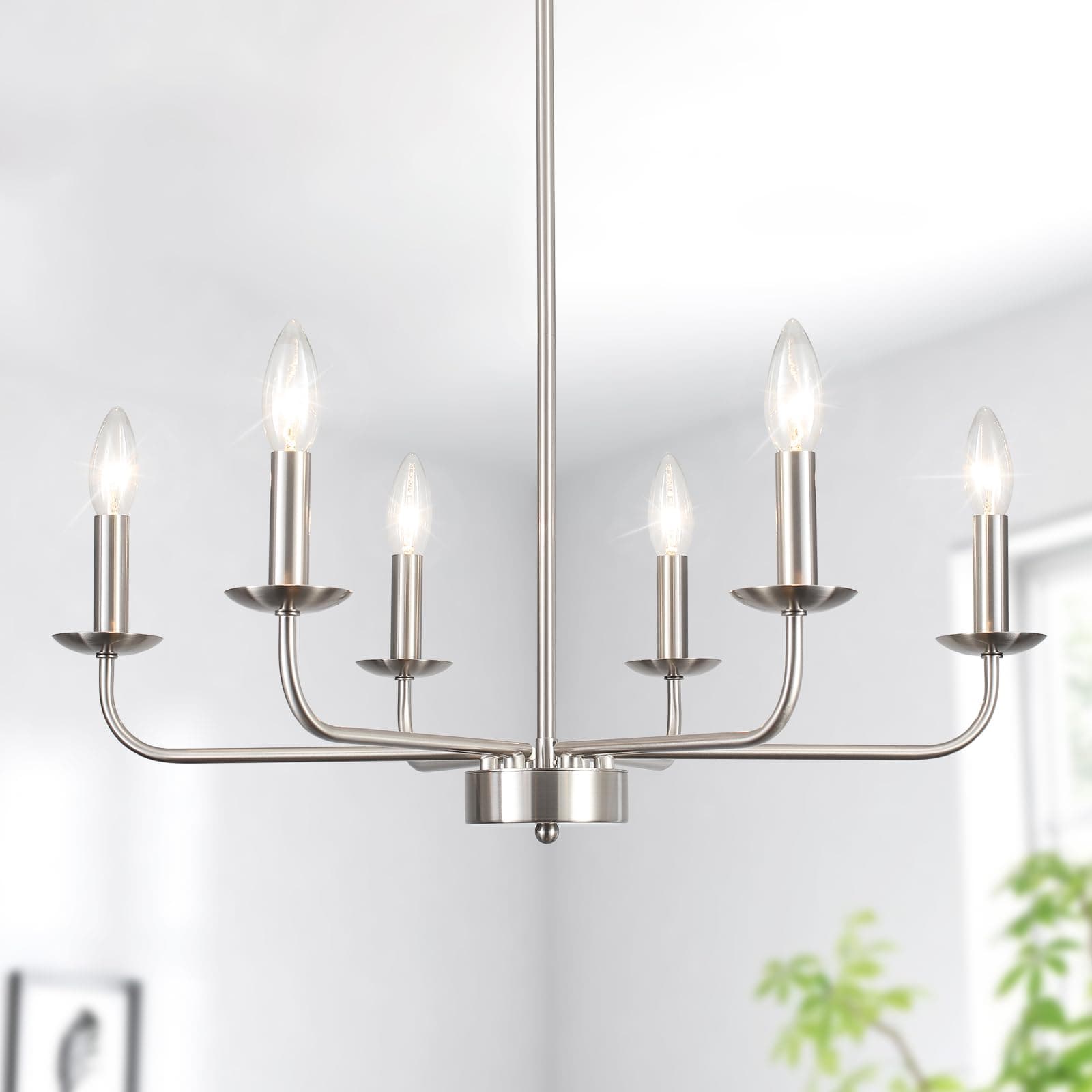 KOSTOMO 24'' Brushed Nickel Chandelier, 6-Light Modern Farmhouse Candle Chandelier for Dining Room, Metal Brushed Nickel Hanging Light Fixture for Dining Table, Foyer, Entryway, Living Room, Kitchen