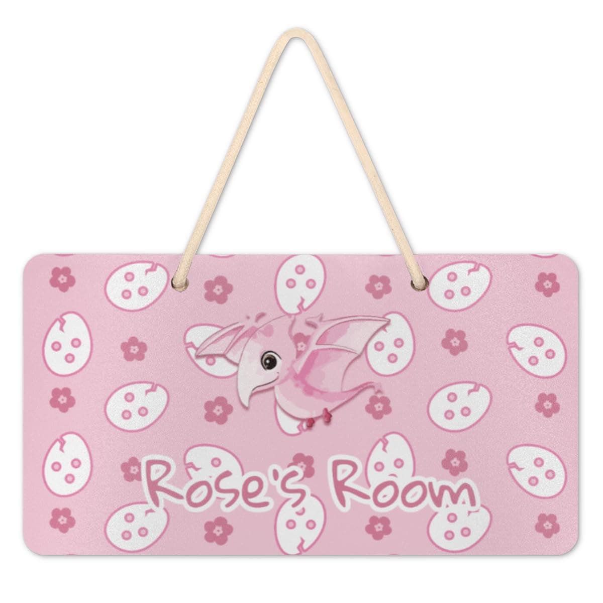 Dinosaur Flower Eggs Custom Kids Room Sign, Pterosaur Baby Pink Personalized Wood Door Plaque for Baby Nursery Boy Girl Bedroom